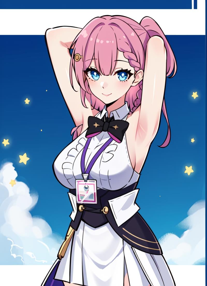 masterpiece, highres, high quality, best quality, hd, 4d, wallpaper, asta(honkai star), (((middle body))), id card, 1girl, (((solo))), city, sun, blue sky, (((focus on character))), pink hair, ((blue eyes)), long hair, character on frame, black high heels, standing, (((arms above head))), braid, white shirt, long sleeves, big breasts, bare shoulders, white skirt, black bow, hair ornament, purple clothe edges, miniskirt, ((detailed eyes)), smile, one side up, looking at viewer