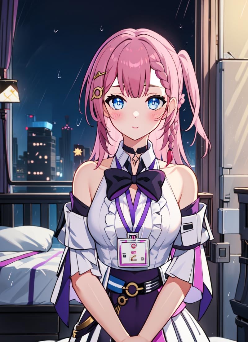 masterpiece, highres, high quality, best quality, hd, 4d, wallpaper, asta(honkai star), (((middle body))), 1girl, (((solo))), (((focus on character))), pink hair, ((blue eyes)), long hair, white shirt, purple clothes edges, character on frame, black high heels, standing, braid, medium breasts, white skirt, black bow, hair ornament, ((detailed eyes)), one side up, looking at viewer, ((((focus on face)))), curvy body, id card, (((v symbol))), ((peace symbol)), bedroom, modern bedroom, bed, table, window, city, blue sky, raining, blush, bare shoulder