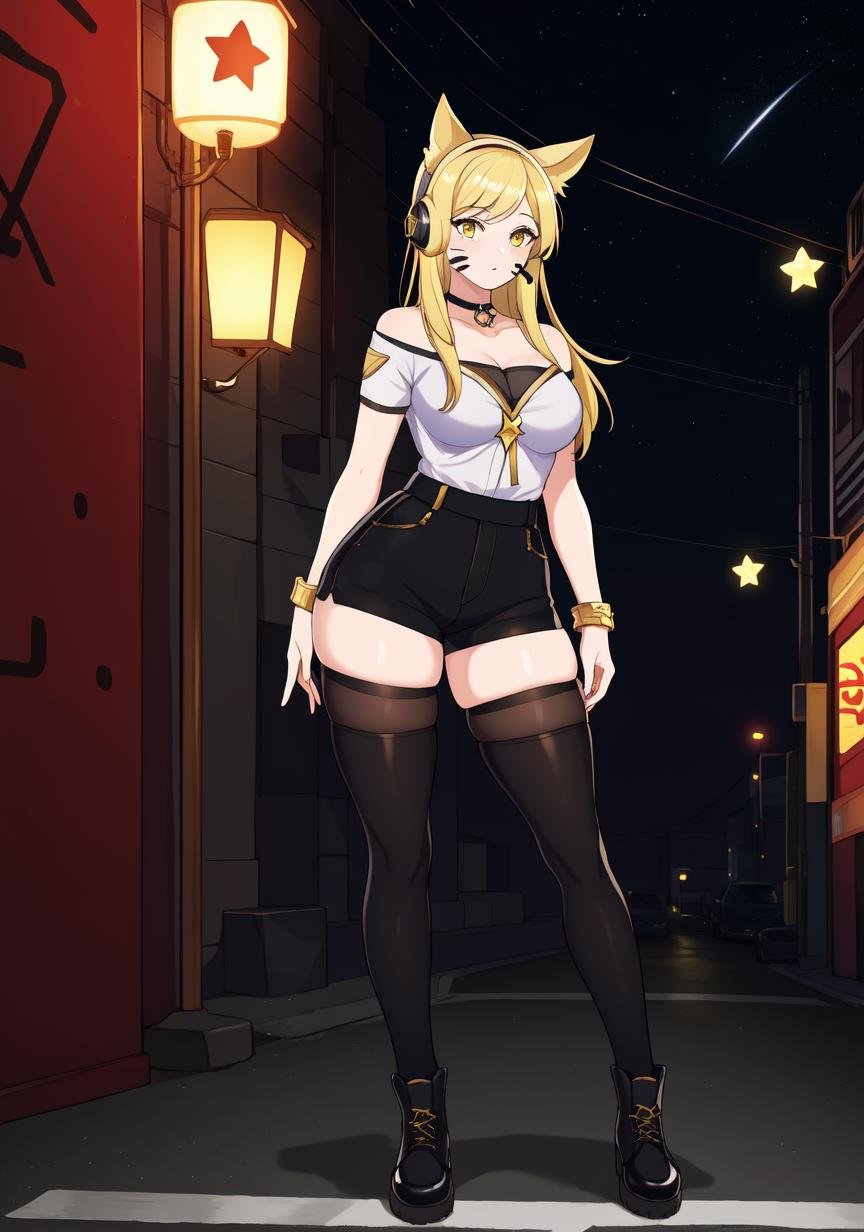 ((masterpiece)), (best quality:1.7), (detailed:1.4), (high res:1.4), 8k, (colorful:1.5), 2d, high resolution, sharped image, 4k, hd, kda_ahri_league, 1girl, (((solo))), (((blonde hair))), yellow eyes, long hair, full body, cleavage, ((curvy body)), medium breasts, headset, choker, thighhighs, black thighhighs, animal ears, fox ears, jewelry, bare shoulder, short sleeves, white shirt, black short, facial marks, whisker markings, idol, jewelry, bracelet, black boots, ((idol)), night, ((stars)), moon,  city lights, ((modern street)), (((lights)))