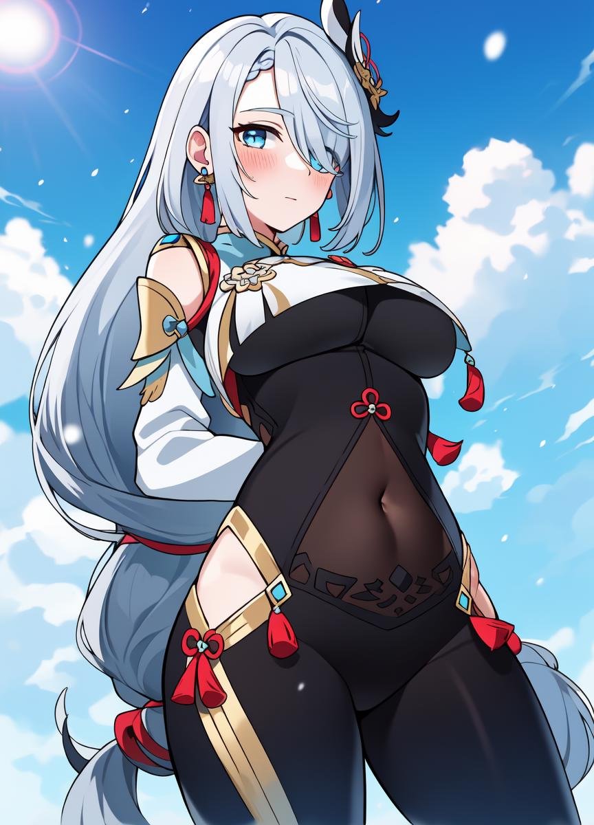 ((masterpiece)), (best quality:1.7), (detailed:1.4), (high res:1.4), 8k, (colorful:1.5), ((2d)), high resolution, sharped image, 4k, hd, shenhe_genshin, 1girl, (((solo))), ((grey hair)), (((light blue eyes))), long hair, (very long hair), ((hair over one eye)), ((braided ponytail)), ((((face focus)))), (((arms on air))), (small breasts), ((middle body)), (((cowboy shot)))), ((white breasts)), ((((breast courtain)))), blush, looking at viewer, bodysuit, long sleeves, shoulder cutout, covered navel, clothing cutout, black gloves, jewelry, partially fingerless gloves, ((hip vent)), earrings, tassel, chinese clothes, curvy body, ((white bodysuit)), (big hips), (character focus), serious, (((on fram))), snow, forest, sun, sky, clouds, ((white chest)), hair ornament,  ((((breast large courtain)))), (from below)