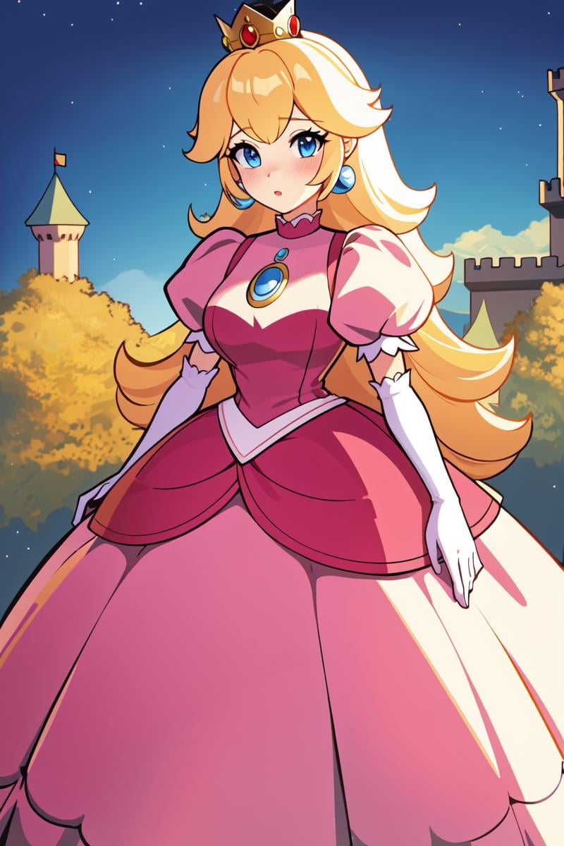 ((masterpiece)), (best quality:1.7), (detailed:1.4), (high res:1.4), 8k, (colorful:1.5), 2d, high resolution, sharped image, 4k, hd, princess_peach, pink dress, v arms, white gloves, earrings, long hair, 1girl, jewelry, solo, blue eyes, elbow gloves, gloves, blush, puffy short sleeves, crown, dress, short sleeves, puffy sleeves, blonde hair, (full body), (castle), sky, night