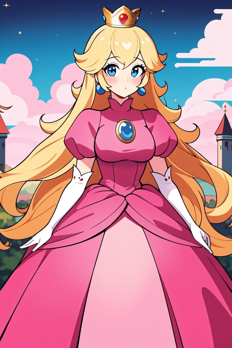 ((masterpiece)), (best quality:1.7), (detailed:1.4), (high res:1.4), 8k, (colorful:1.5), 2d, high resolution, sharped image, 4k, hd, princess_peach, pink dress, v arms, white gloves, earrings, long hair, 1girl, jewelry, solo, blue eyes, elbow gloves, gloves, blush, puffy short sleeves, crown, dress, short sleeves, puffy sleeves, blonde hair, (full body), (castle), sky, night