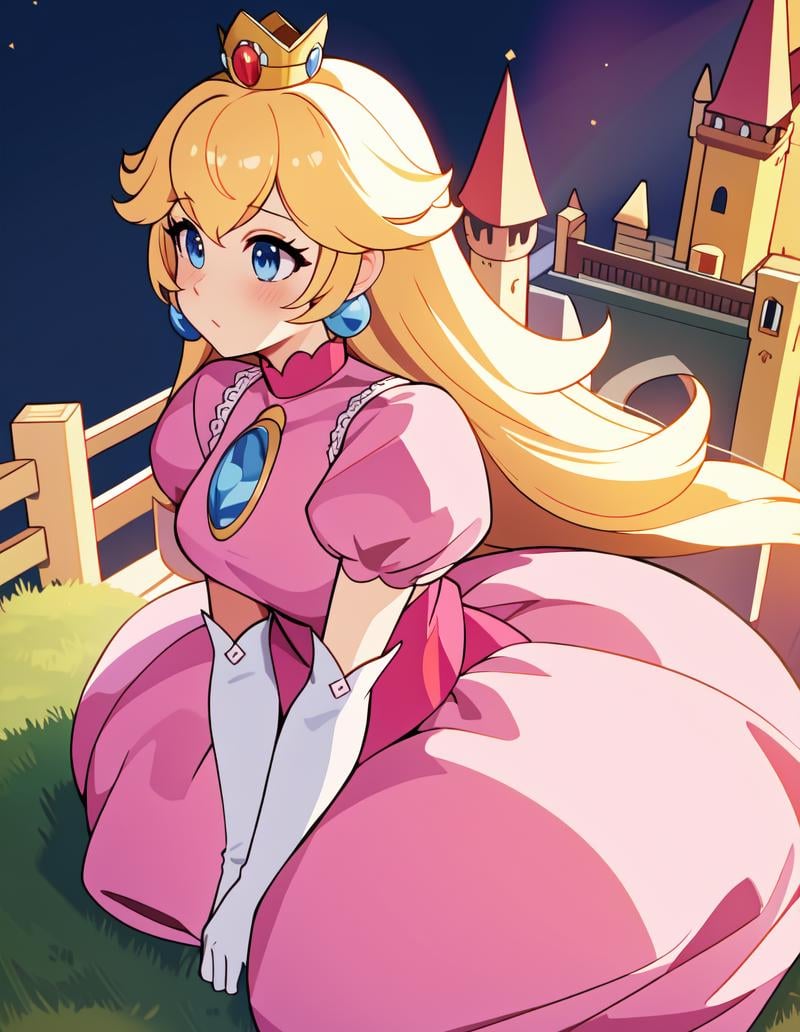 ((masterpiece)), (best quality:1.7), (detailed:1.4), (high res:1.4), 8k, (colorful:1.5), 2d, high resolution, sharped image, 4k, hd, princess_peach, pink dress, v arms, white gloves, earrings, long hair, 1girl, jewelry, solo, blue eyes, elbow gloves, gloves, blush, puffy short sleeves, crown, dress, short sleeves, puffy sleeves, blonde hair, (full body), (castle), sky, night