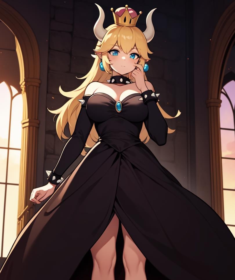 ((masterpiece)), (best quality:1.7), (detailed:1.4), (high res:1.4), 8k, (colorful:1.5), 2d, high resolution, sharped image, 4k, hd, bowsette, (1girl), (solo), blonde hair, spiked brazalets, spiked armlets, spidek choker, super crown, horns, ((white horns)), crown, (pink crown), ponytail, long hair, (middle body), ((thighs)), hands on own face, room, window, clouds, sun, sky, clouds, earrings, blue earrings, chest ornament, ((black dress)), furniture, plants, decoration, ((castle)), (fluffy dress), (curvy body), standing, long dress