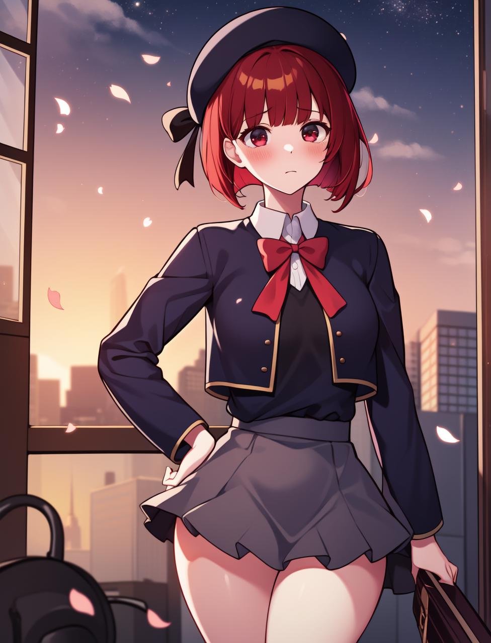 ((masterpiece)), (best quality:1.7), (detailed:1.4), (high res:1.4), 8k, (colorful:1.5), 2d, high resolution, sharped image, 4k, hd, arima_kana, 1girl, solo, red eyes, (((red hair))), short hair, blush, blunt bangs, looking at viewer, ((medium breasts)), ((thighs)), cowboy shot, middle body, ((big hips)), (particles), ((ornament on chest)), ((small eyes)), (narrow eyes), (casual beret), bow, chest bow, hair bow, skirt, shirt,  socks, school shoes, (((black shirt))), brown footwear, ((blue jacket)), (gold edges), school uniform, grey skirt, ((blue beret)), hair ornament, closed mouth, ((curvy body)), two legs, ((big thighs)), multiple house, buildings, ((sad)), embarresed, borrowed, blush, ((standing on one leg)), (hand on own hips), (hand on own chest), ((school)), (street), rock floor, sakura, leaves, petals, trees, windows, ((city)), (sunset), sky, clouds, (stars)