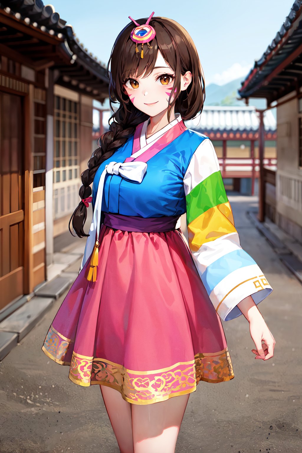 masterpiece, best quality, highres, bbhana, long hair, brown hair, single braid, hair ornament, whisker markings, korean clothes, hanbok, long sleeves, striped sleeves, pink skirt, <lora:d.va_v1:0.8>, outdoors, standing, smile, cowboy shot, 