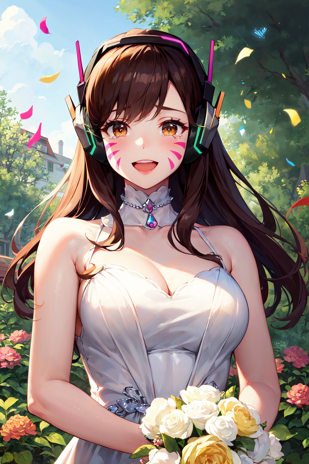 masterpiece, best quality, highres, aahana, long hair, brown hair, headphones, whisker markings, <lora:d.va_v1:0.8>, wedding dress, white dress, garden, confetti, holding bouquet, tears, smile, open mouth, upper body, 