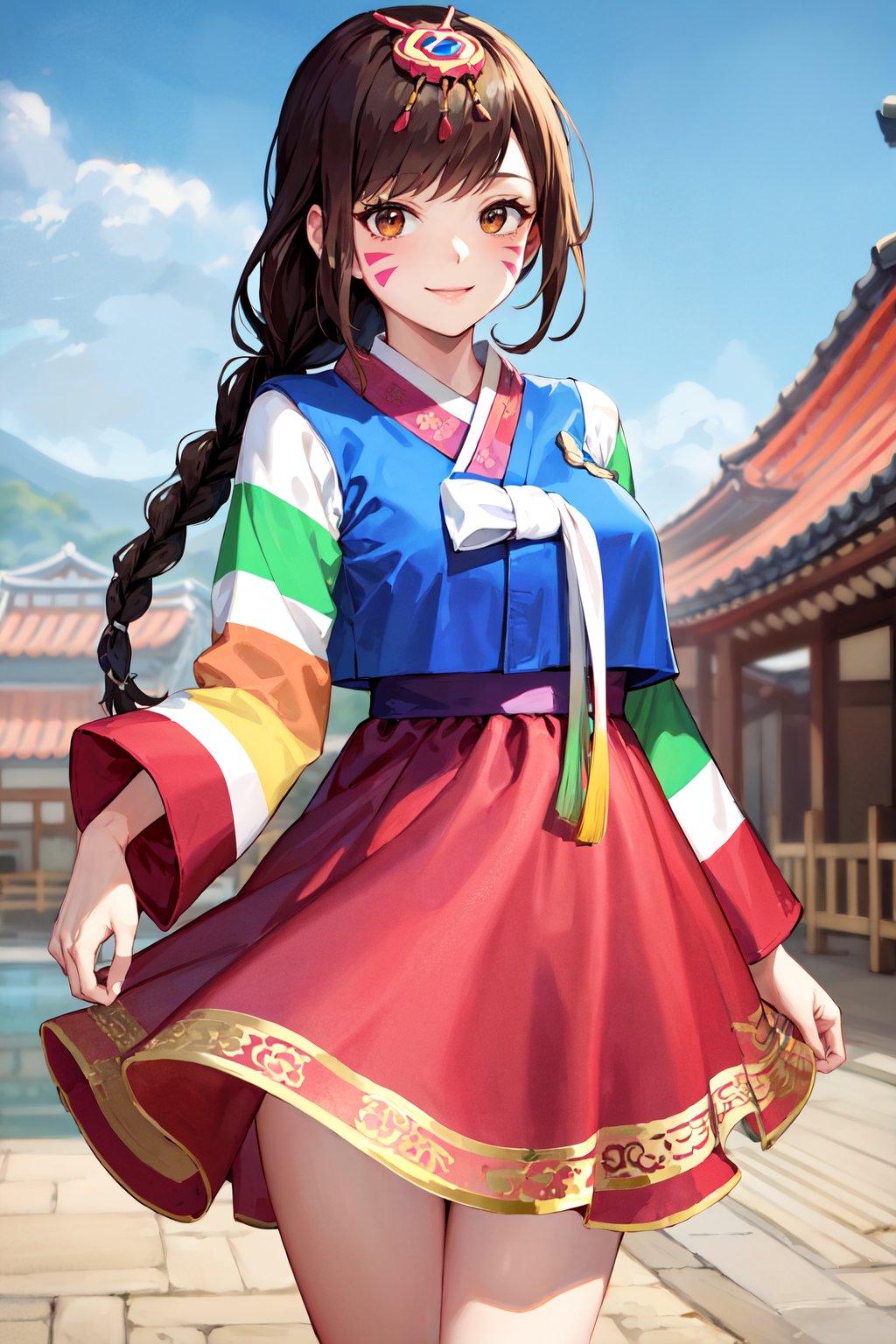 masterpiece, best quality, highres, bbhana, long hair, brown hair, single braid, hair ornament, whisker markings, korean clothes, hanbok, long sleeves, striped sleeves, pink skirt, <lora:d.va_v1:0.8>, outdoors, standing, smile, cowboy shot, 