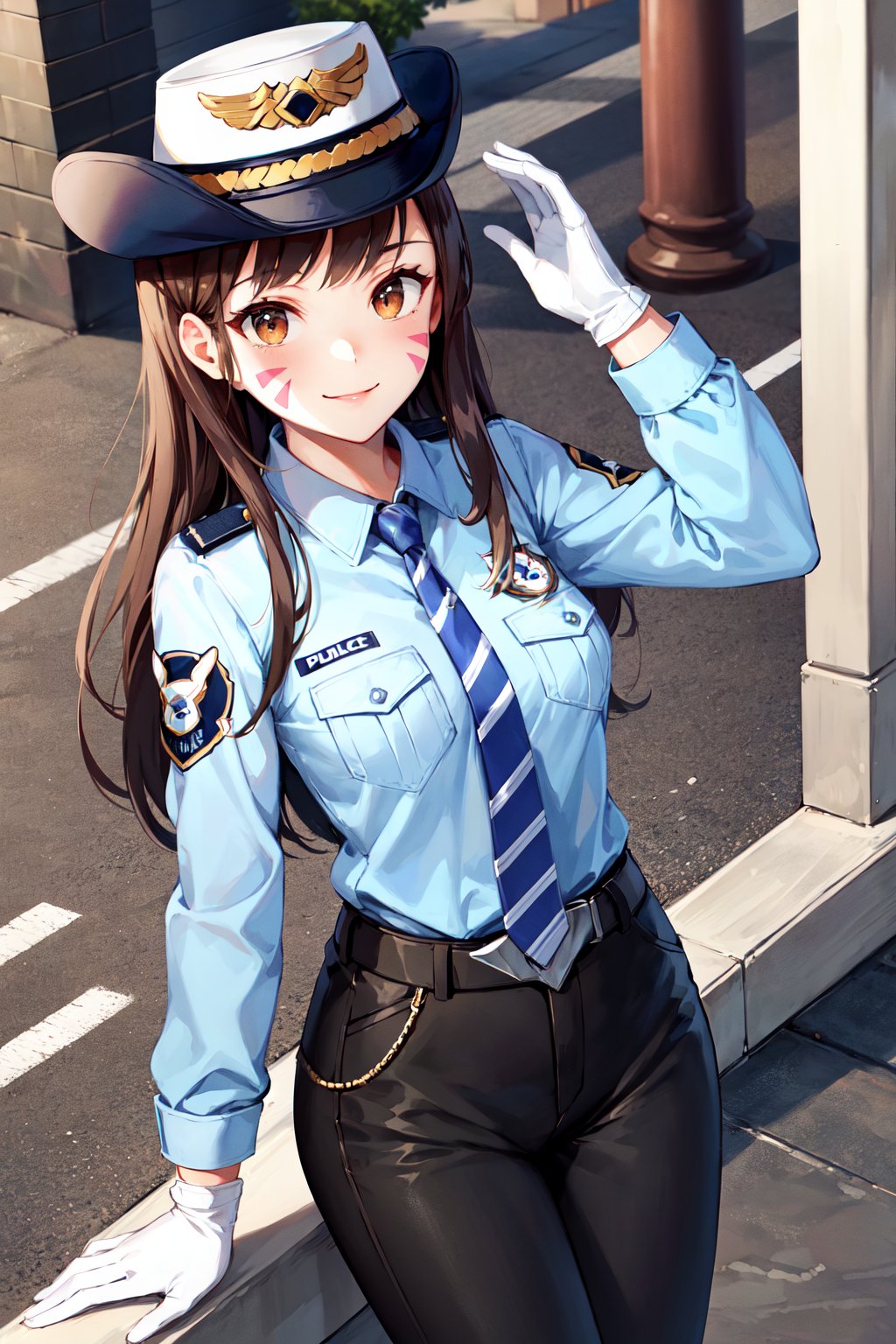 masterpiece, best quality, highres, cchana, long hair, brown hair, whisker markings, police hat, white headwear, police uniform, striped necktie, blue shirt, collared shirt, breast pocket, long sleeves, white gloves, belt, black pants, <lora:d.va_v1:0.8>, smile, cowboy shot, standing, street