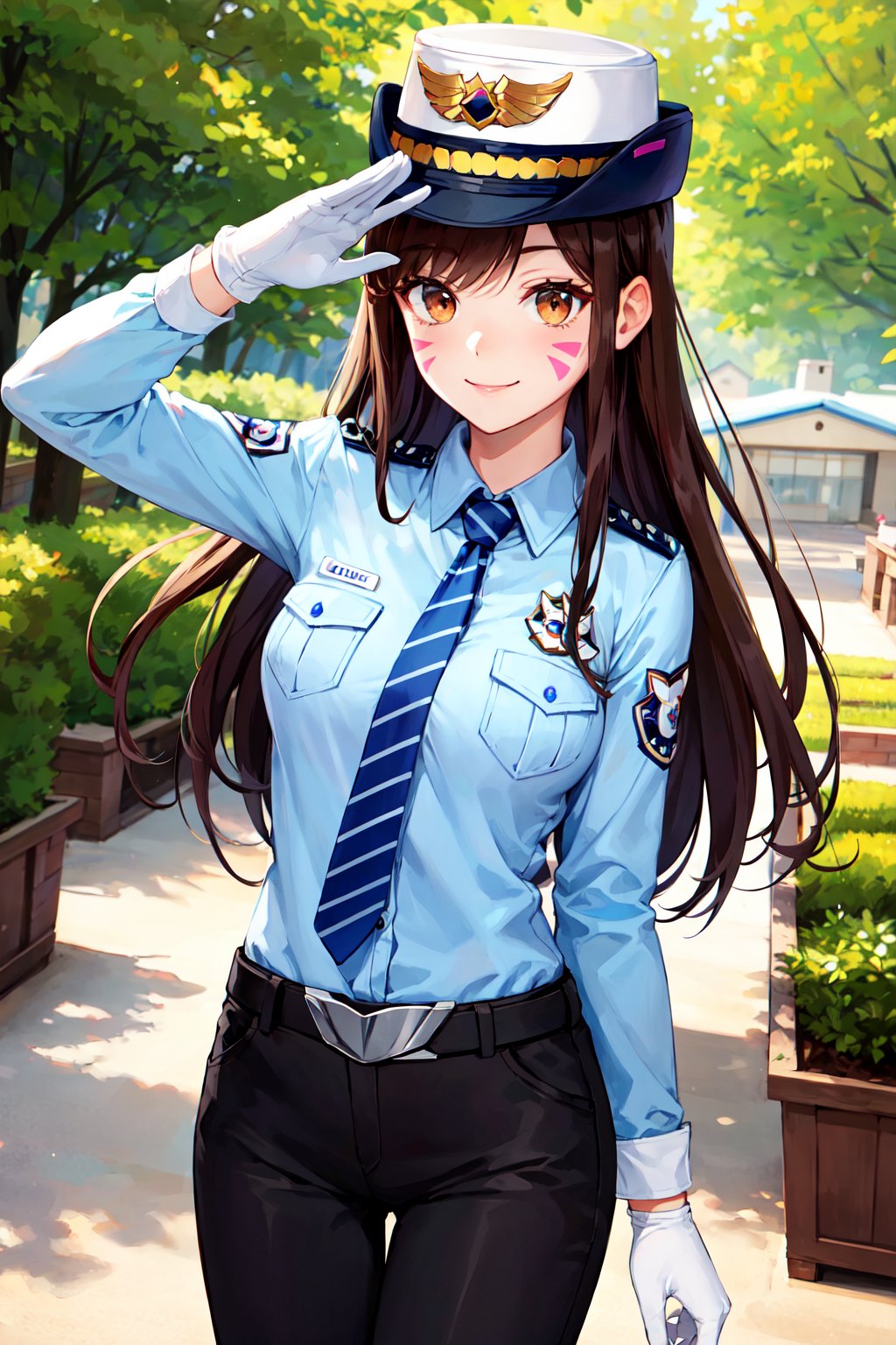 masterpiece, best quality, highres, cchana, long hair, brown hair, whisker markings, police hat, white headwear, police uniform, striped necktie, blue shirt, collared shirt, breast pocket, long sleeves, white gloves, belt, black pants, <lora:d.va_v1:0.8>, smile, cowboy shot, standing, salute, park, outdoors