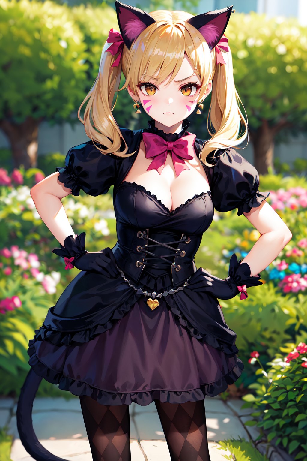 masterpiece, best quality, highres, ddhana, blonde hair, twintails, hair bow, animal ears, whisker markings, heart earrings, cat tail, bowtie, pink bow, cleavage, gothic, black dress, short sleeves, puffy sleeves, black gloves, purple skirt, argyle, pantyhose, <lora:d.va_v1:0.8>, hand on hip, frown, garden, standing