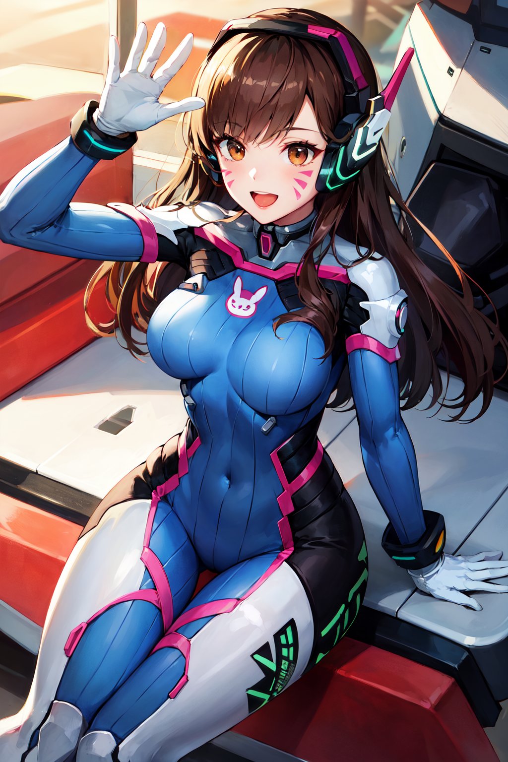 masterpiece, best quality, highres, aahana, long hair, brown hair, headphones, whisker markings, shoulder pads, blue bodysuit, ribbed bodysuit, animal print, clothes writing, long sleeves, white gloves, <lora:d.va_v1:0.8>, waving, smile, open open mouth, mecha, standing