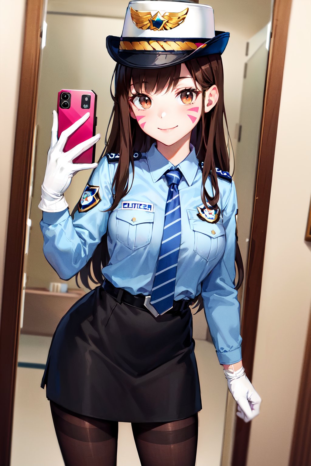 masterpiece, best quality, highres, cchana, long hair, brown hair, whisker markings, police hat, white headwear, police uniform, striped necktie, blue shirt, collared shirt, breast pocket, long sleeves, white gloves, belt, black skirt, black pantyhose, <lora:d.va_v1:0.8>, mirror, selfie, holding phone, smile, standing, room