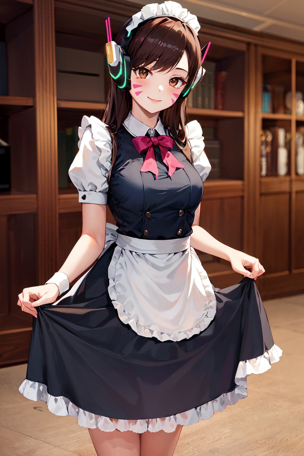 masterpiece, best quality, highres, aahana, long hair, brown hair, headphones, whisker markings, <lora:d.va_v1:0.8>, maid, skirt hold, smile, standing, indoors