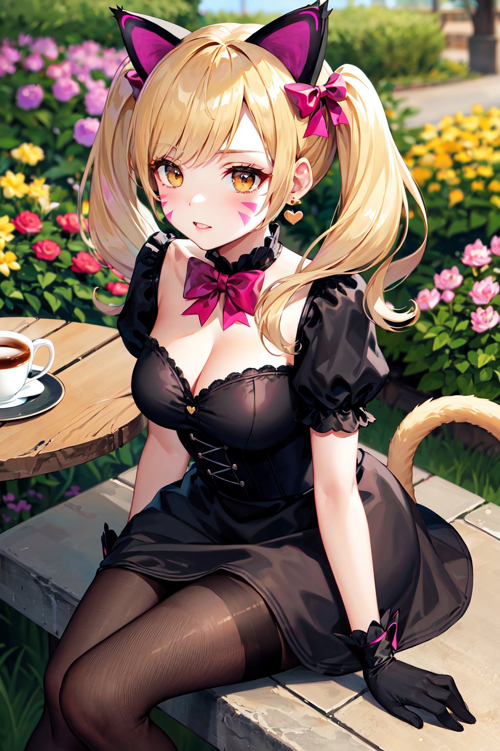 masterpiece, best quality, highres, ddhana, blonde hair, twintails, hair bow, animal ears, whisker markings, heart earrings, cat tail, bowtie, pink bow, cleavage, gothic, black dress, short sleeves, puffy sleeves, black gloves, purple skirt, argyle, pantyhose, <lora:d.va_v1:0.8>, garden, sitting, table, coffee, outdoors