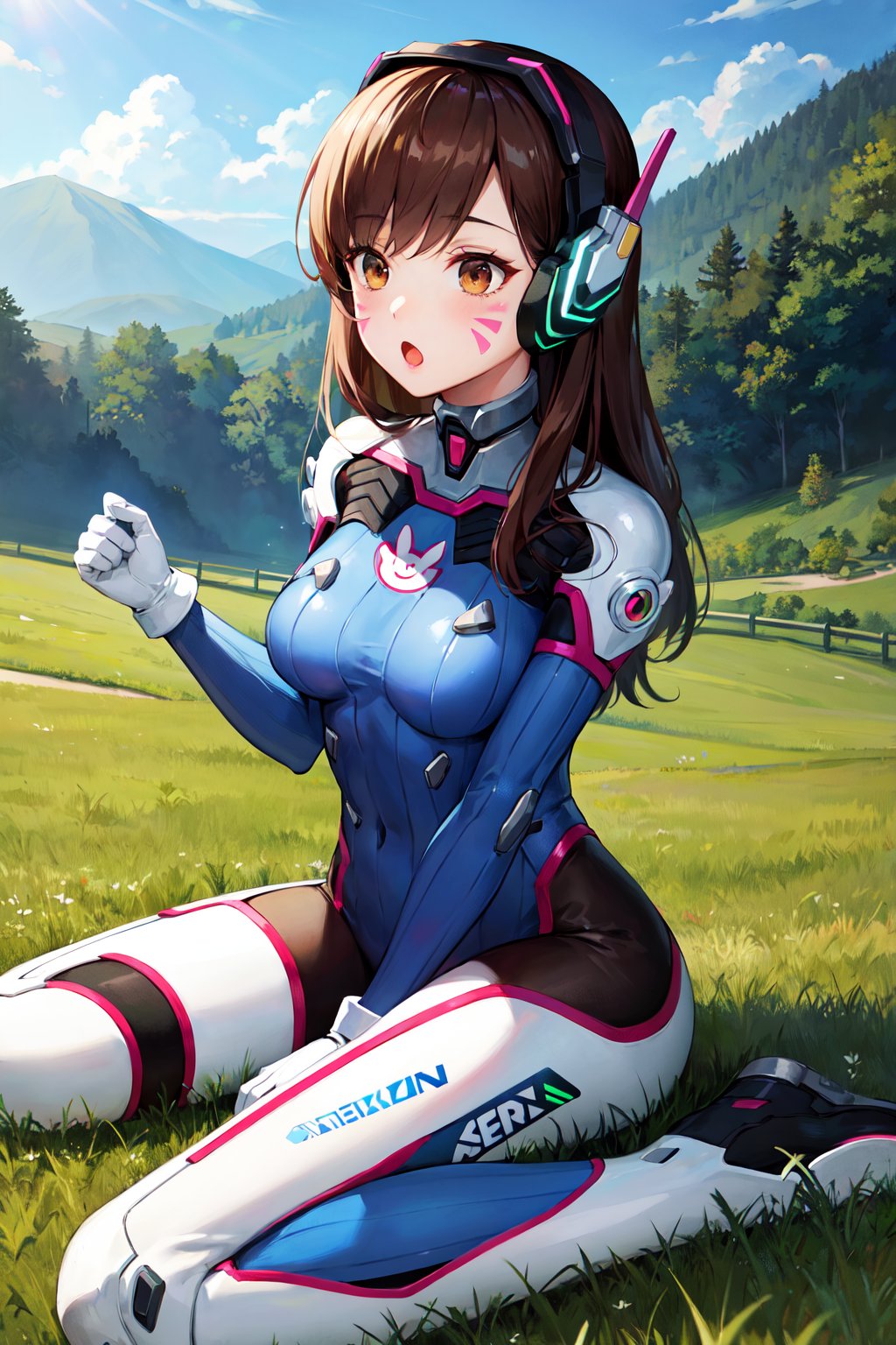 masterpiece, best quality, highres, aahana, long hair, brown hair, headphones, whisker markings, shoulder pads, blue bodysuit, ribbed bodysuit, animal print, clothes writing, long sleeves, white gloves, boots, <lora:d.va_v1:0.8>, outdoors, field, grass, wariza, :o