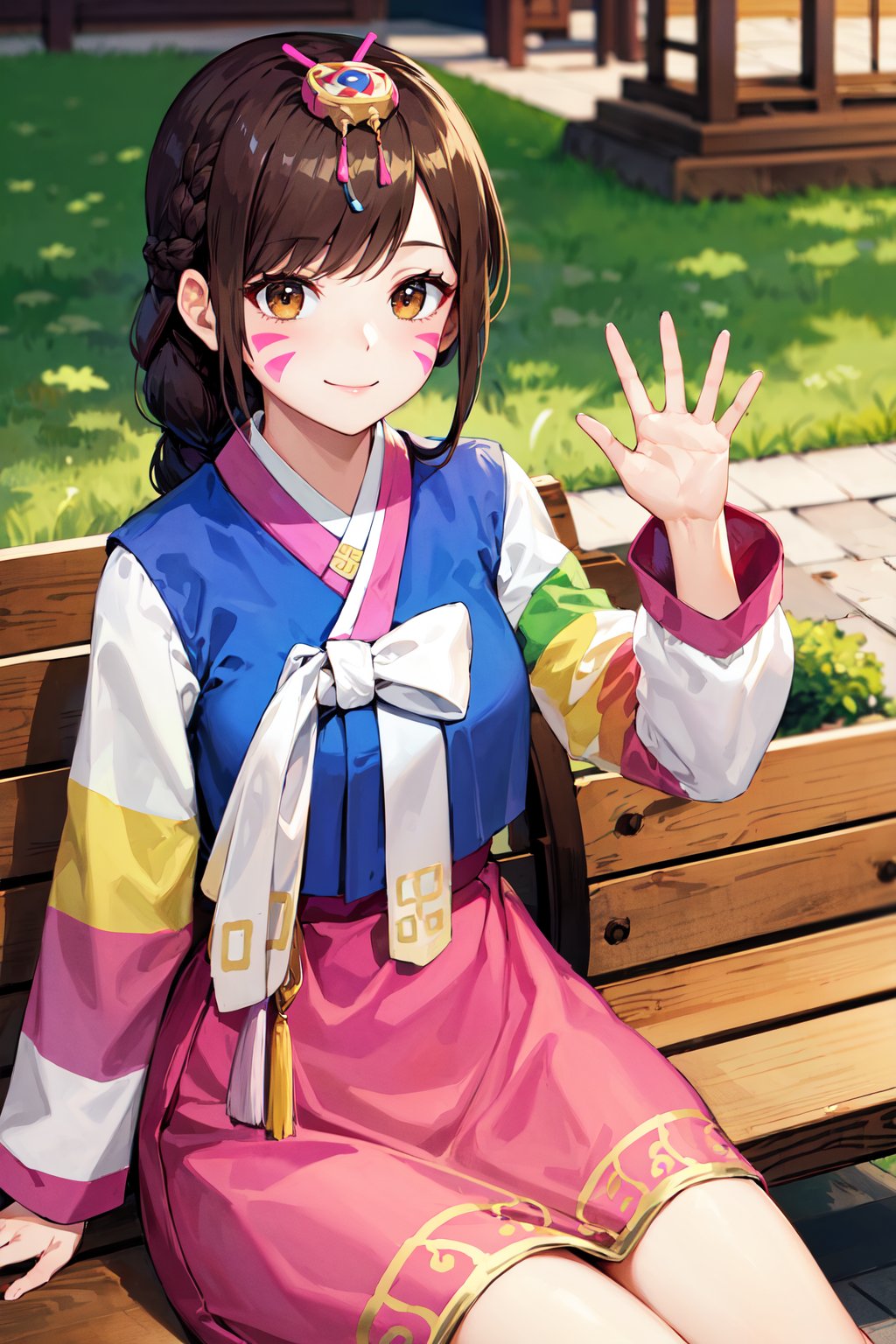 masterpiece, best quality, highres, bbhana, long hair, brown hair, single braid, hair ornament, whisker markings, korean clothes, hanbok, long sleeves, striped sleeves, pink skirt, <lora:d.va_v1:0.8>, sitting, smile, waving, bench, outdoors, 