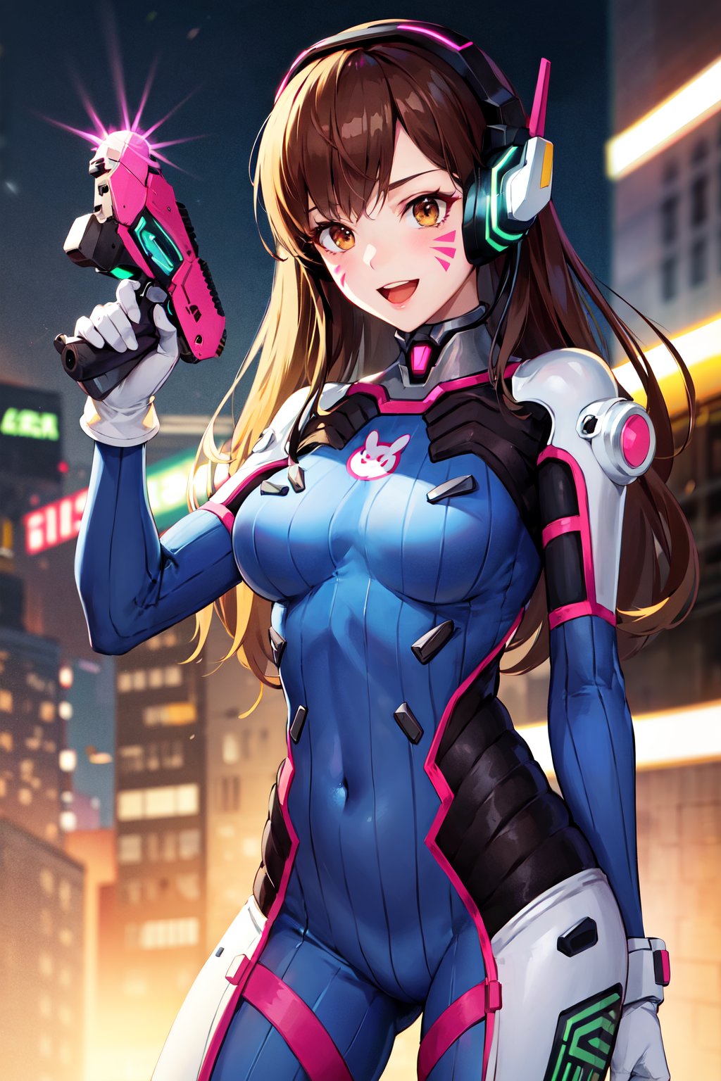 masterpiece, best quality, highres, aahana, long hair, brown hair, headphones, whisker markings, shoulder pads, blue bodysuit, ribbed bodysuit, animal print, clothes writing, long sleeves, white gloves, <lora:d.va_v1:0.8>, cowboy shot, standing, holding weapon, handgun, smile, open mouth, cyberpunk, 