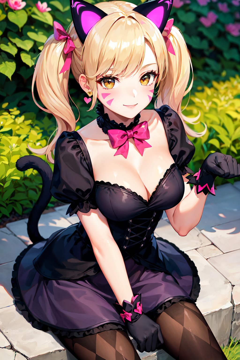 masterpiece, best quality, highres, ddhana, blonde hair, twintails, hair bow, animal ears, whisker markings, heart earrings, cat tail, bowtie, pink bow, cleavage, gothic, black dress, short sleeves, puffy sleeves, black gloves, purple skirt, argyle, pantyhose, <lora:d.va_v1:0.8>, garden, paw pose, smile,