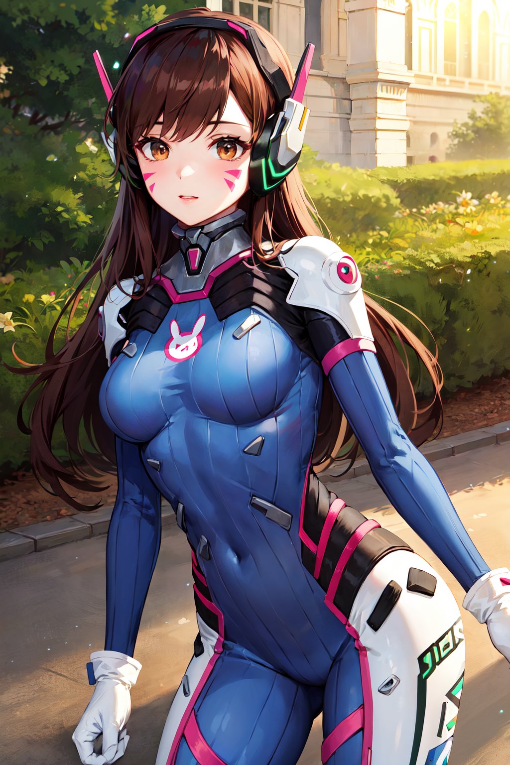 masterpiece, best quality, highres, aahana, long hair, brown hair, headphones, whisker markings, shoulder pads, blue bodysuit, ribbed bodysuit, animal print, clothes writing, long sleeves, white gloves, <lora:d.va_v1:0.8>, cowboy shot, standing, outdoors,