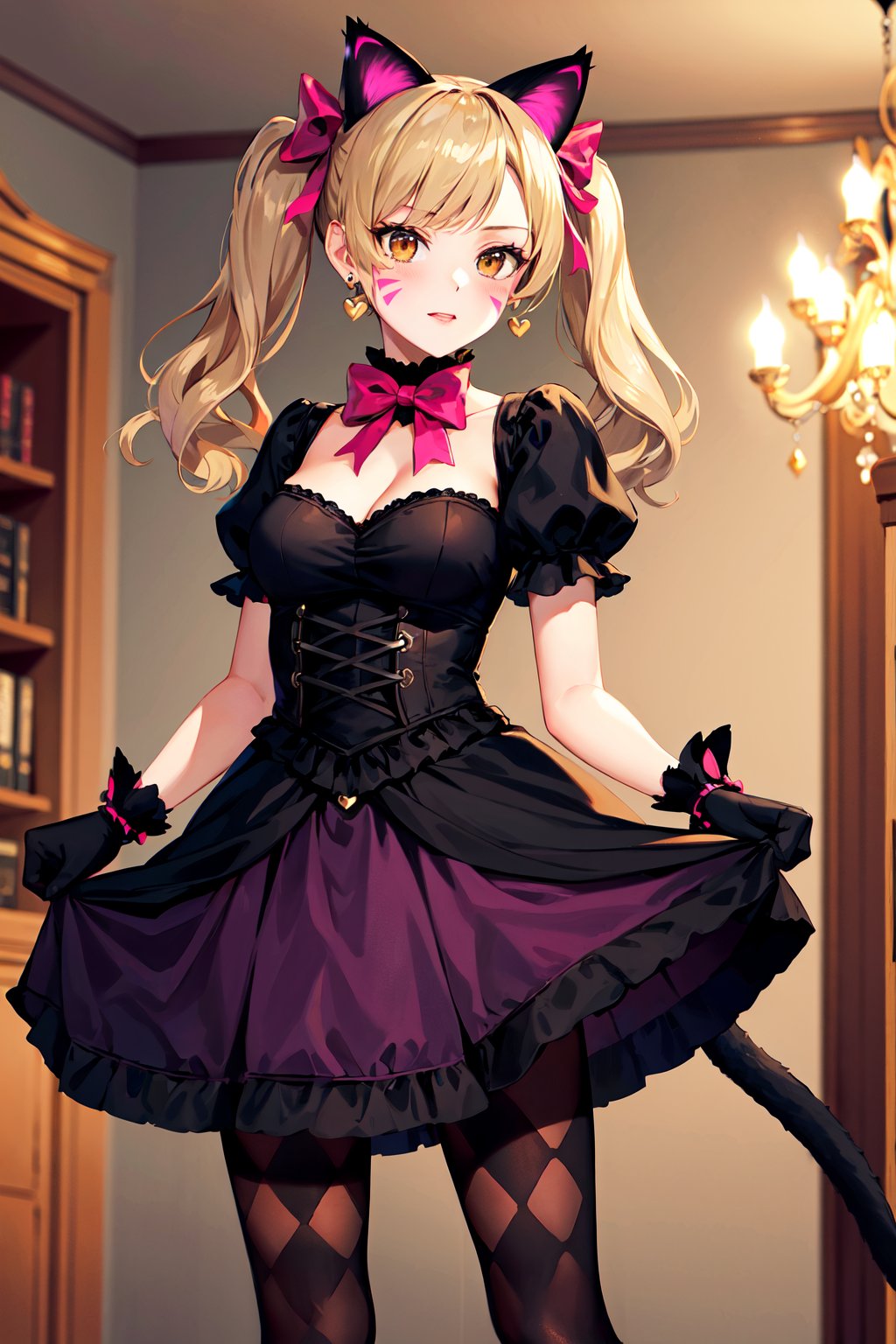 masterpiece, best quality, highres, ddhana, blonde hair, twintails, hair bow, animal ears, whisker markings, heart earrings, cat tail, bowtie, pink bow, cleavage, gothic, black dress, short sleeves, puffy sleeves, black gloves, purple skirt, argyle, pantyhose, <lora:d.va_v1:0.8>, indoors, chandelier, standing, cowboy shot,