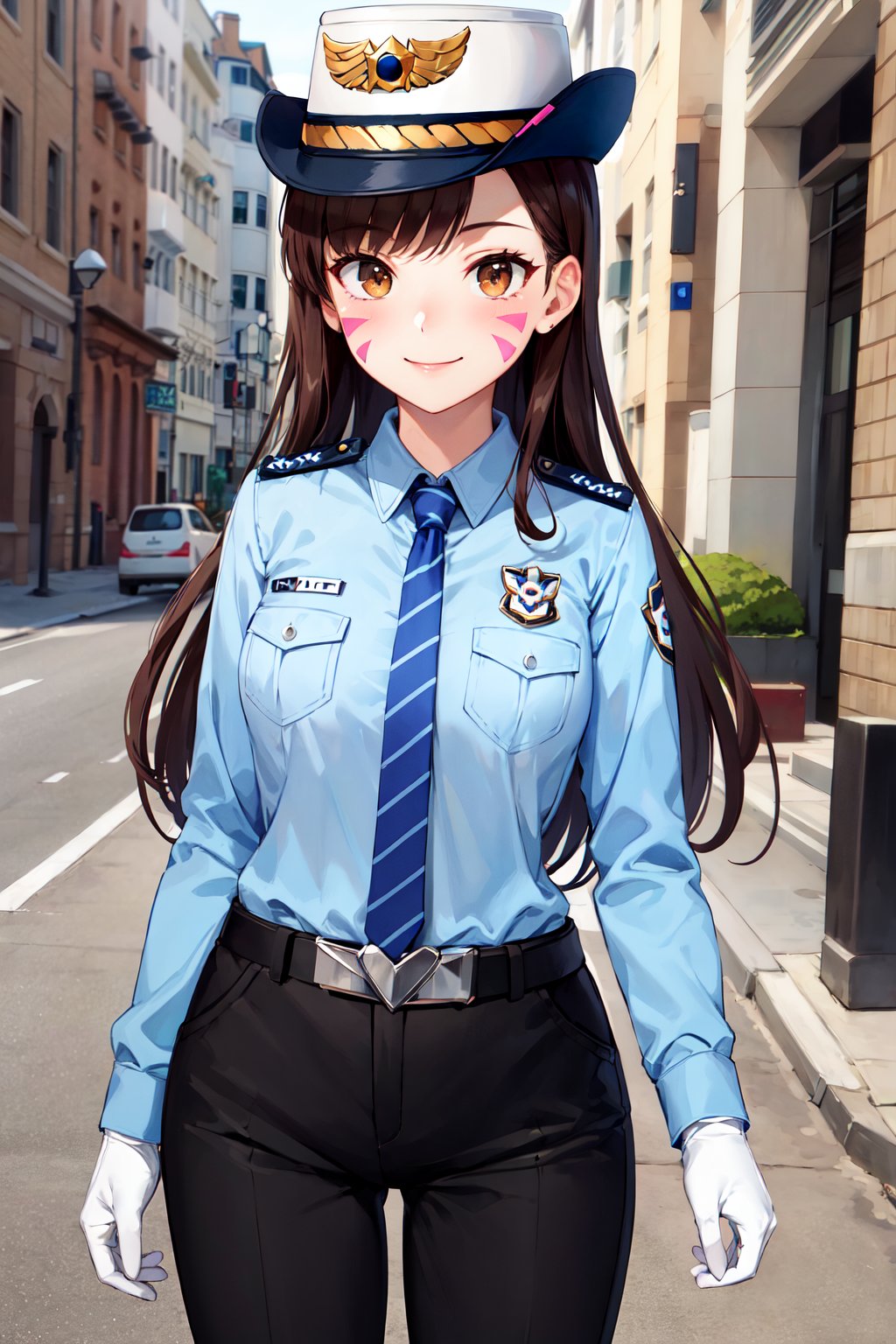 masterpiece, best quality, highres, cchana, long hair, brown hair, whisker markings, police hat, white headwear, police uniform, striped necktie, blue shirt, collared shirt, breast pocket, long sleeves, white gloves, belt, black pants, <lora:d.va_v1:0.8>, smile, cowboy shot, standing, street, arms at sides, 