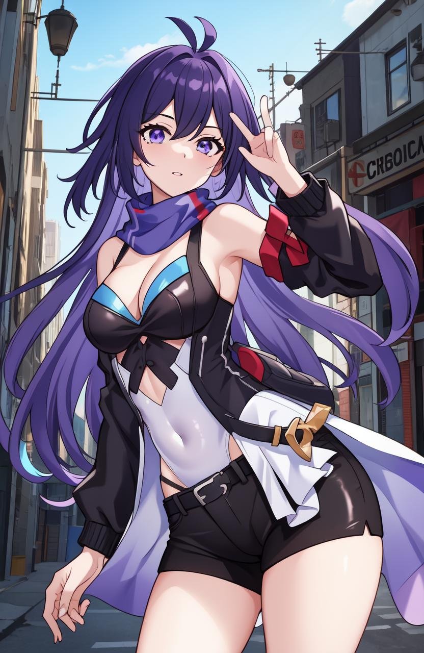 ((masterpiece)), (best quality:1.7), (detailed:1.4), (high res:1.4), 8k, (colorful:1.5), 2d, high resolution, sharped image, 4k, hd, seele(honkai star), 1girl, (((solo))), purple hair, purple eyes, long hair, croptop, looking at viewer, shorts, thights, high heels, bare stomach, medium breasts, bare stomach, curvy body, city, street, antenna hair, bare legs, cowboy shot, body on all frame, cleavage, v symbol, peace symbol, ((dress)), navel, white leotard, belt, mole, ((open clothes)), scarf, thigs, embarrased