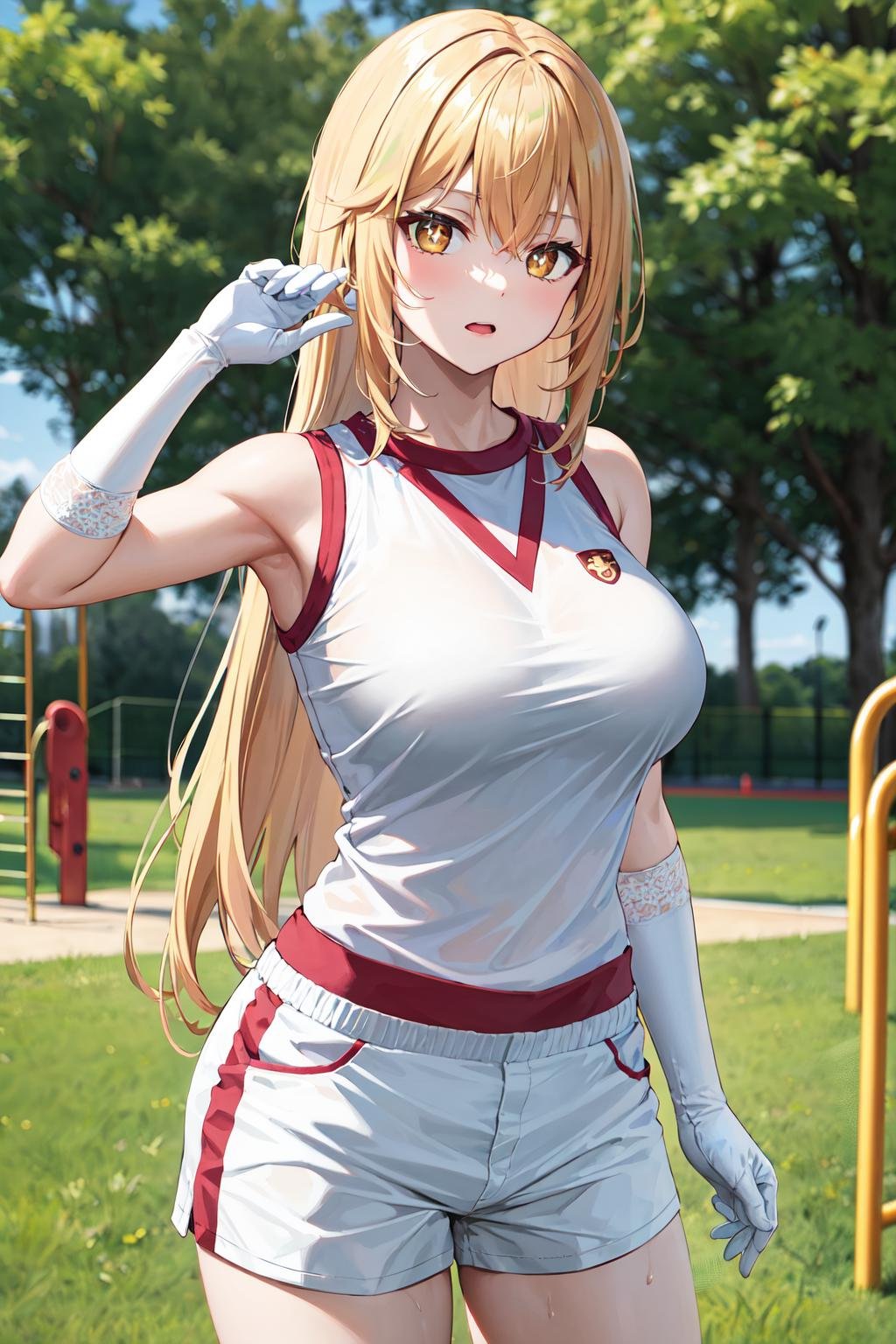 masterpiece, best quality, highres, hmmisaki, long hair, symbol-shaped pupils, +_+, large breasts, gym uniform, white shirt, sleeveless, white gloves, elbow gloves, white shorts, gym shorts, short shorts, <lora:shokuhou_misaki_v2:0.7>, outdoor, playground, grass, school, cowboy shot, standing,