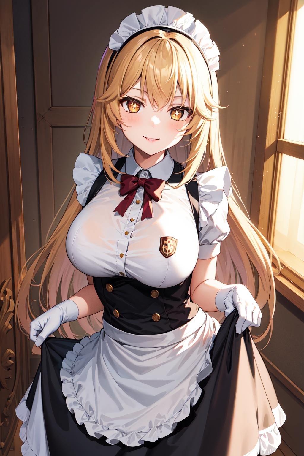 masterpiece, best quality, highres, hmmisaki, 1girl, long hair, symbol-shaped pupils, +_+, large breasts, <lora:shokuhou_misaki_v2:0.7>, indoors, maid, maid headdress, white gloves, smile, skirt hold, 