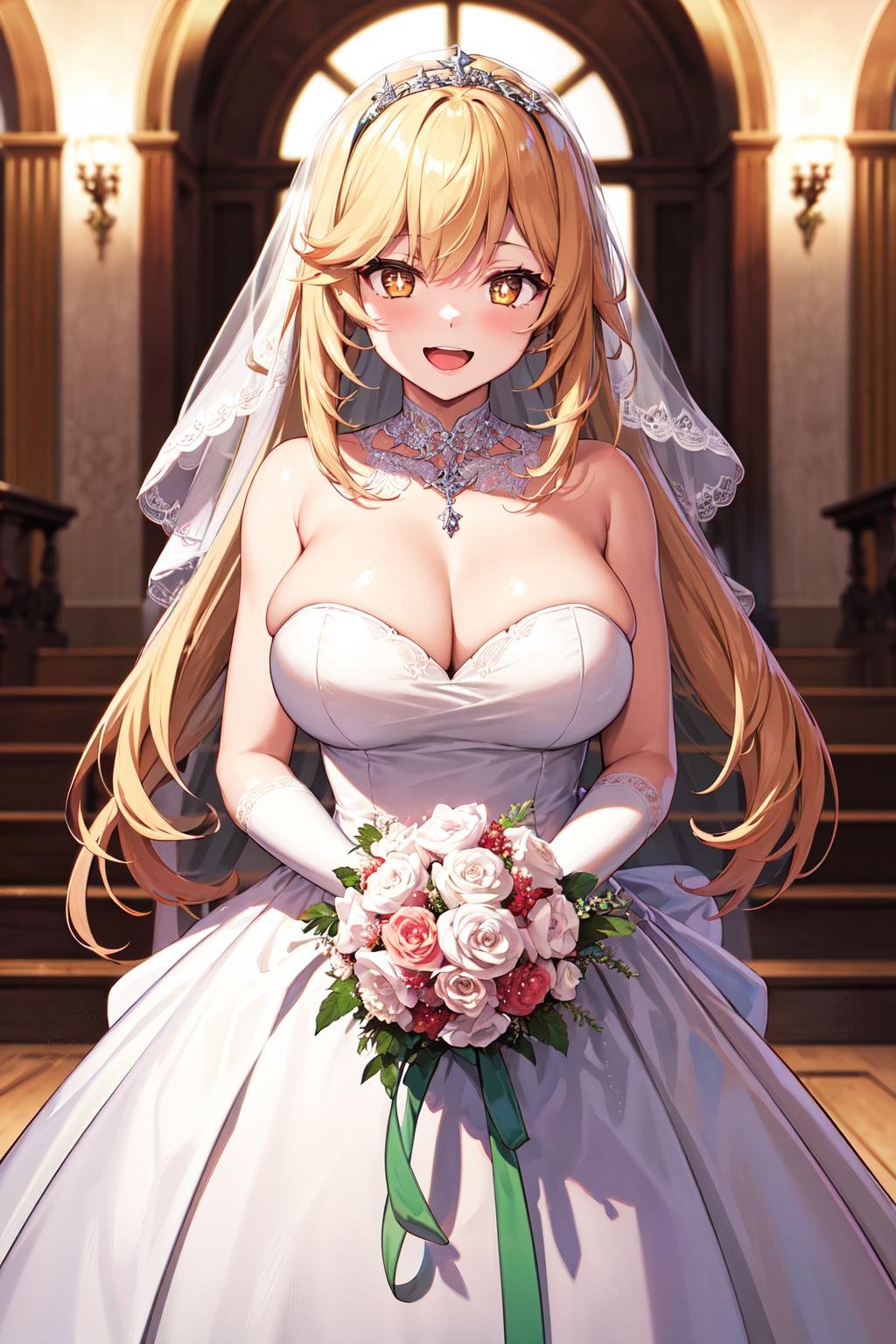 masterpiece, best quality, highres, hmmisaki, 1girl, long hair, symbol-shaped pupils, +_+, large breasts, <lora:shokuhou_misaki_v2:0.7>, wedding dress, white gloves, bridal veil, smile, open mouth, cowboy shot, holding bouquet, 