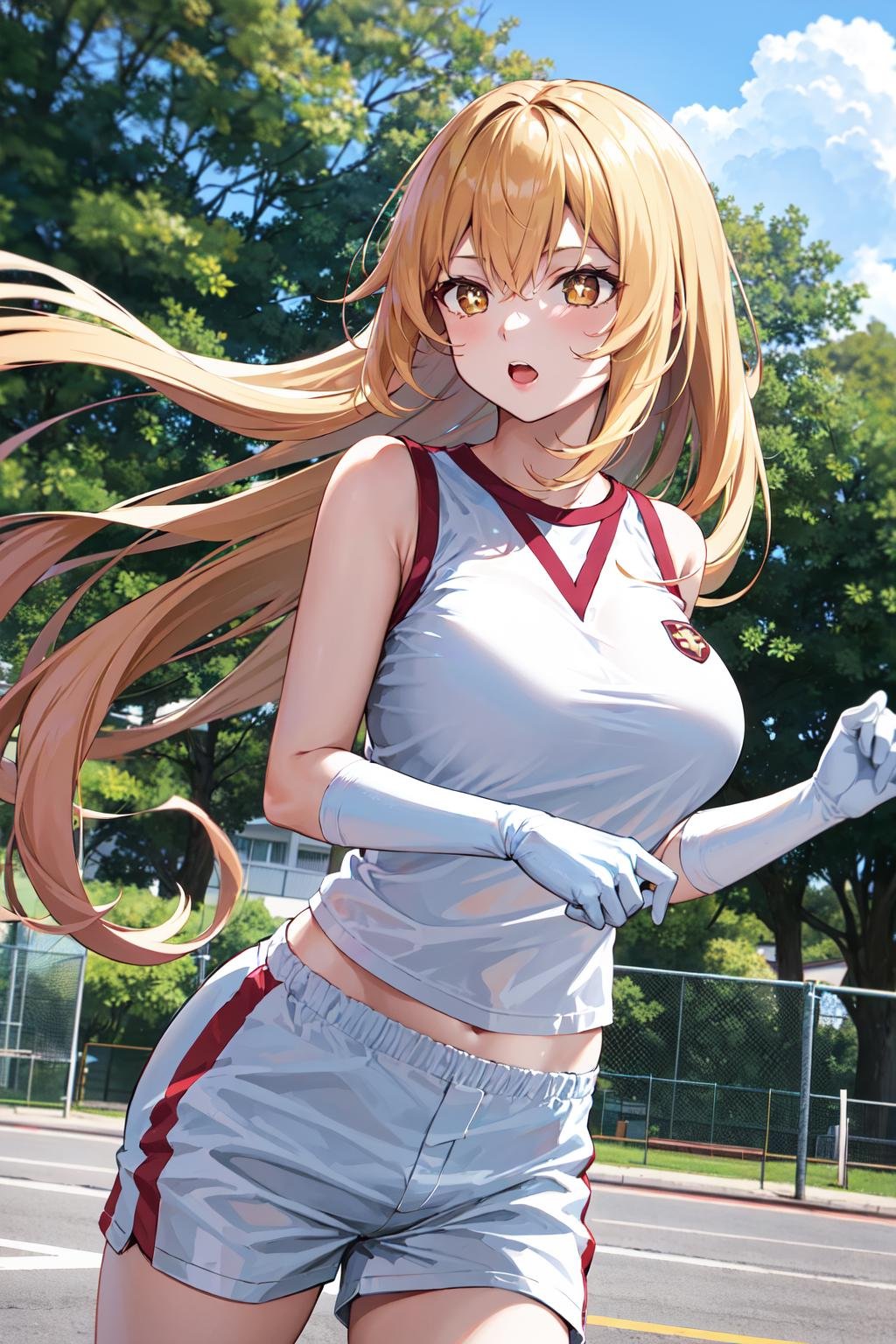 masterpiece, best quality, highres, hmmisaki, 1girl, long hair, symbol-shaped pupils, +_+, large breasts, gym uniform, white shirt, sleeveless, white gloves, elbow gloves, white shorts, gym shorts, short shorts, <lora:shokuhou_misaki_v2:0.7>, playground, running, wind,