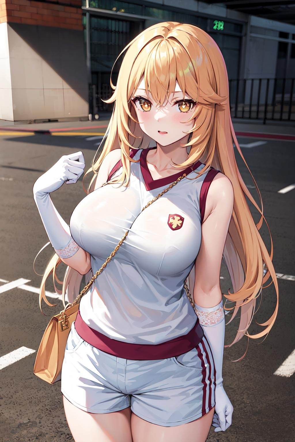 masterpiece, best quality, highres, hmmisaki, 1girl, long hair, symbol-shaped pupils, +_+, large breasts, gym uniform, white shirt, sleeveless, white gloves, elbow gloves, white shorts, gym shorts, short shorts, <lora:shokuhou_misaki_v2:0.7>, cowboy shot, standing, strap between breasts, handbag,