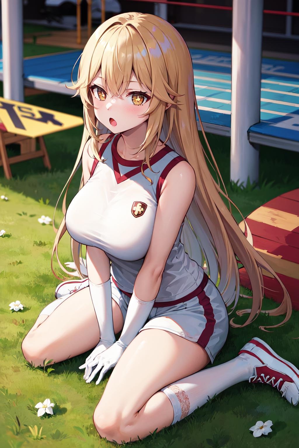 masterpiece, best quality, highres, hmmisaki, 1girl, long hair, symbol-shaped pupils, +_+, large breasts, gym uniform, white shirt, sleeveless, white gloves, elbow gloves, white shorts, gym shorts, short shorts, shoes, <lora:shokuhou_misaki_v2:0.7>, playground, grass, wariza, :o