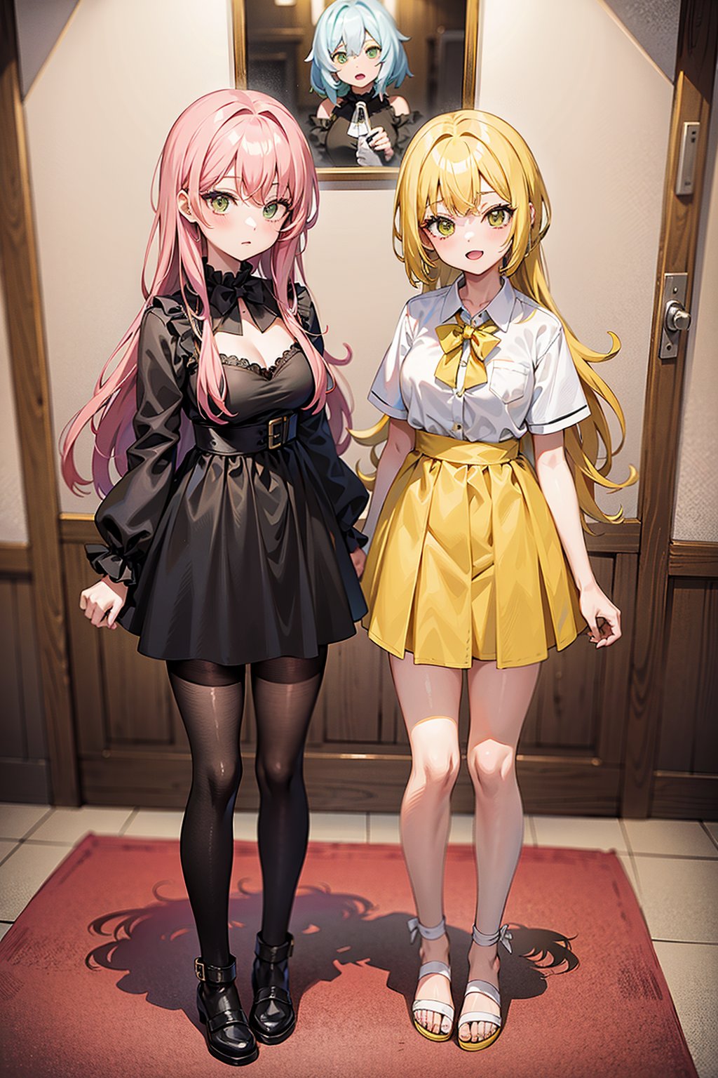 ((anime figure)), 2 girls, one with green eyes and yellow hair the other with yellow pink hair