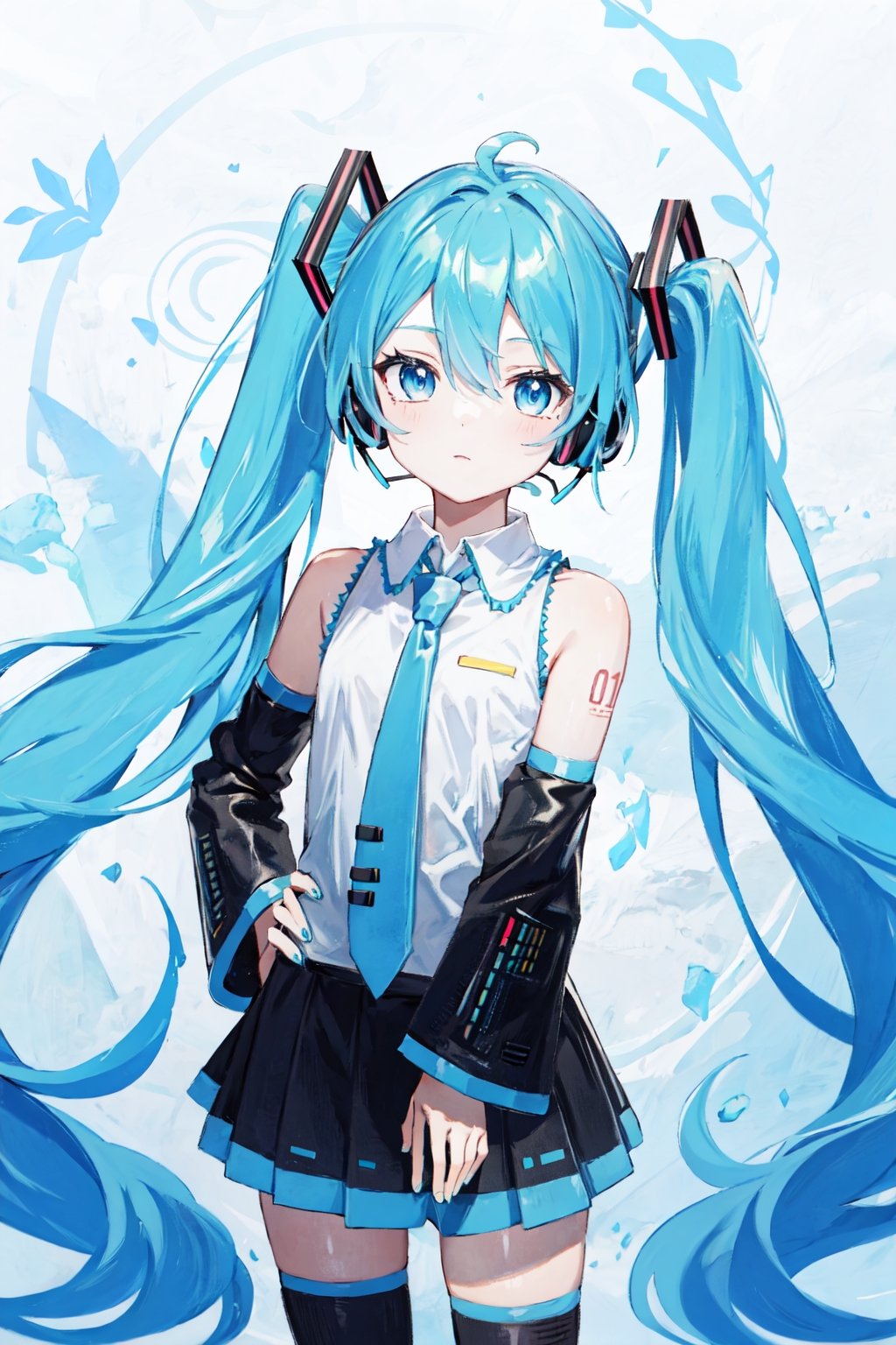 wear the miku costume,blue hair,blue eyes,beutiful,tall girl,not tied,blue Eyes,there is a hint of  blue under his hair,mikudef | wear a blue tie,no_humans