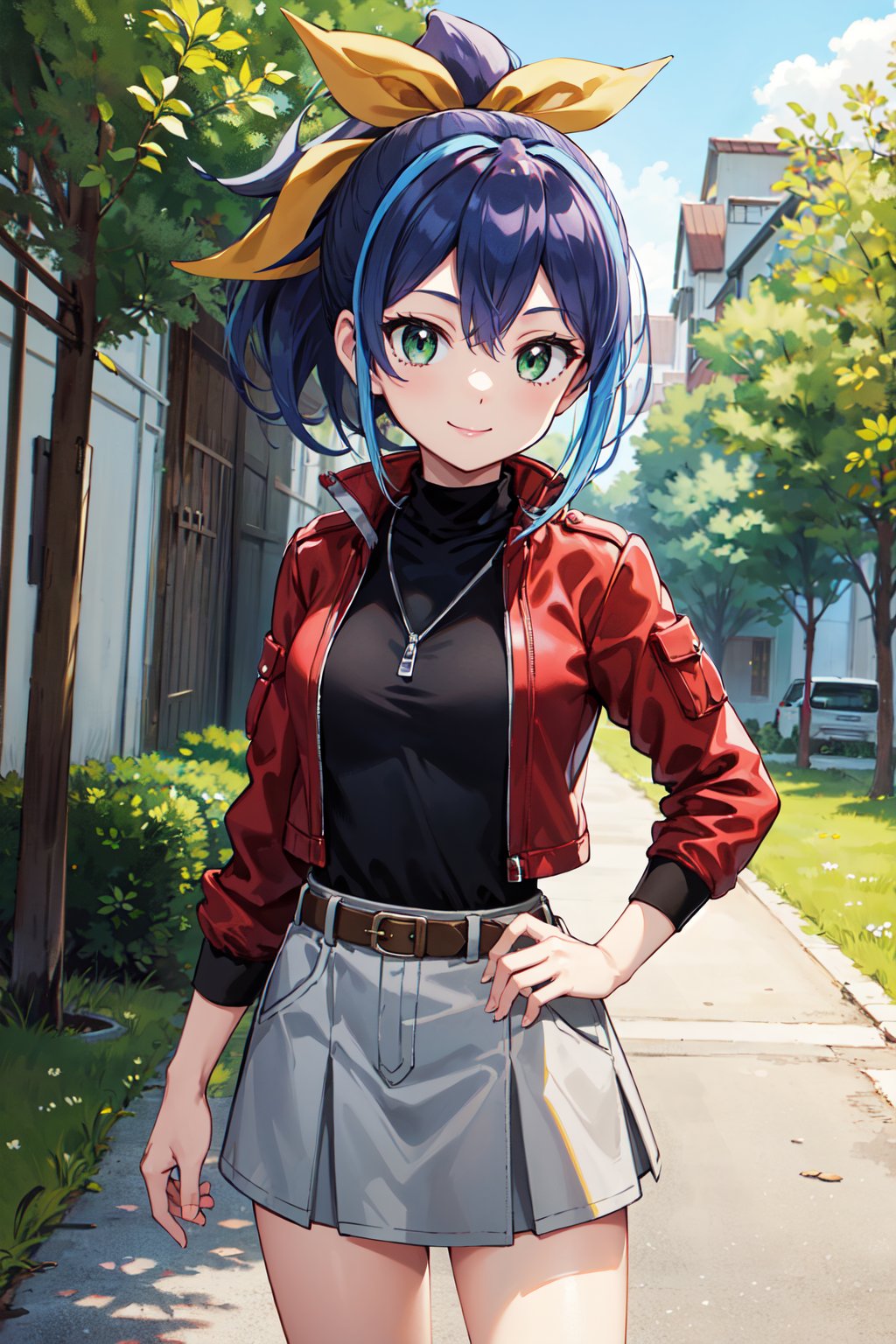 masterpiece, best quality, highres, aaserena, ponytail, multicolored hair, red jacket, black shirt, belt, white skirt, <lora:serena_(yu-gi-oh!)_v1:0.7>, cowboy shot, standing, smile, outdoors