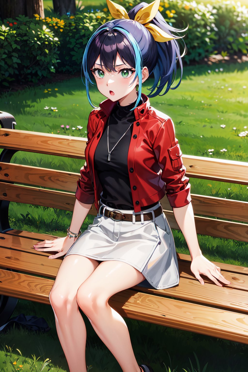 masterpiece, best quality, highres, aaserena, ponytail, multicolored hair, red jacket, black shirt, belt, white skirt, <lora:serena_(yu-gi-oh!)_v1:0.7>, sitting, bench, outdoors, :o