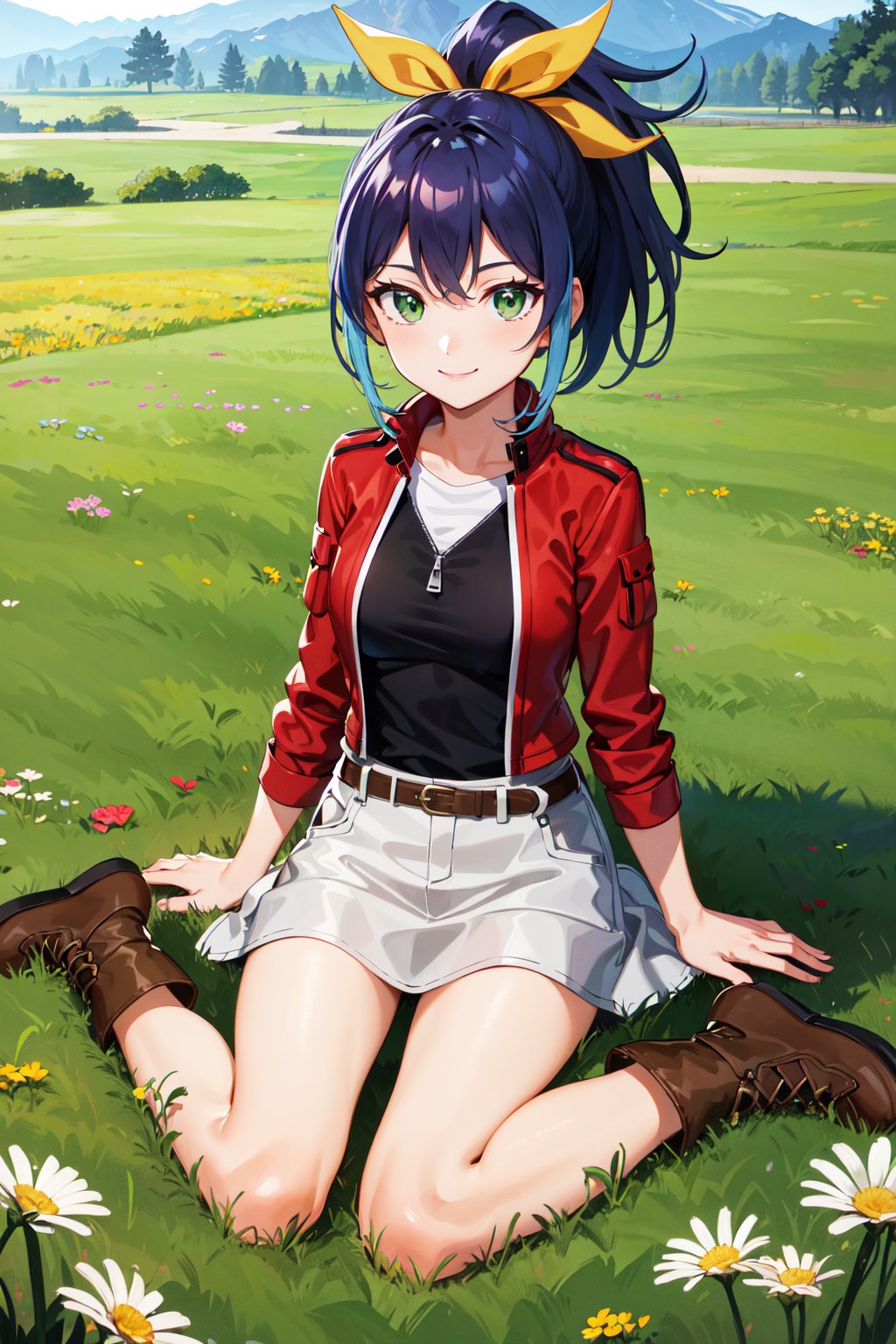 masterpiece, best quality, highres, aaserena, ponytail, multicolored hair, red jacket, black shirt, belt, white skirt, <lora:serena_(yu-gi-oh!)_v1:0.7>, warzia, grass, field, ruins, smile, boots