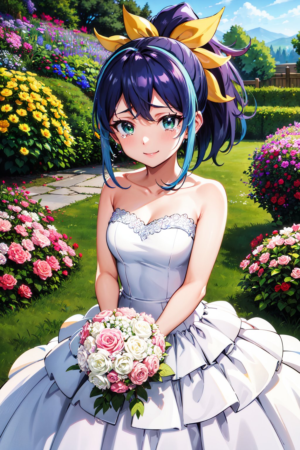 masterpiece, best quality, highres, aaserena, ponytail, multicolored hair, <lora:serena_(yu-gi-oh!)_v1:0.7>, wedding dress, garden, smile, tears,