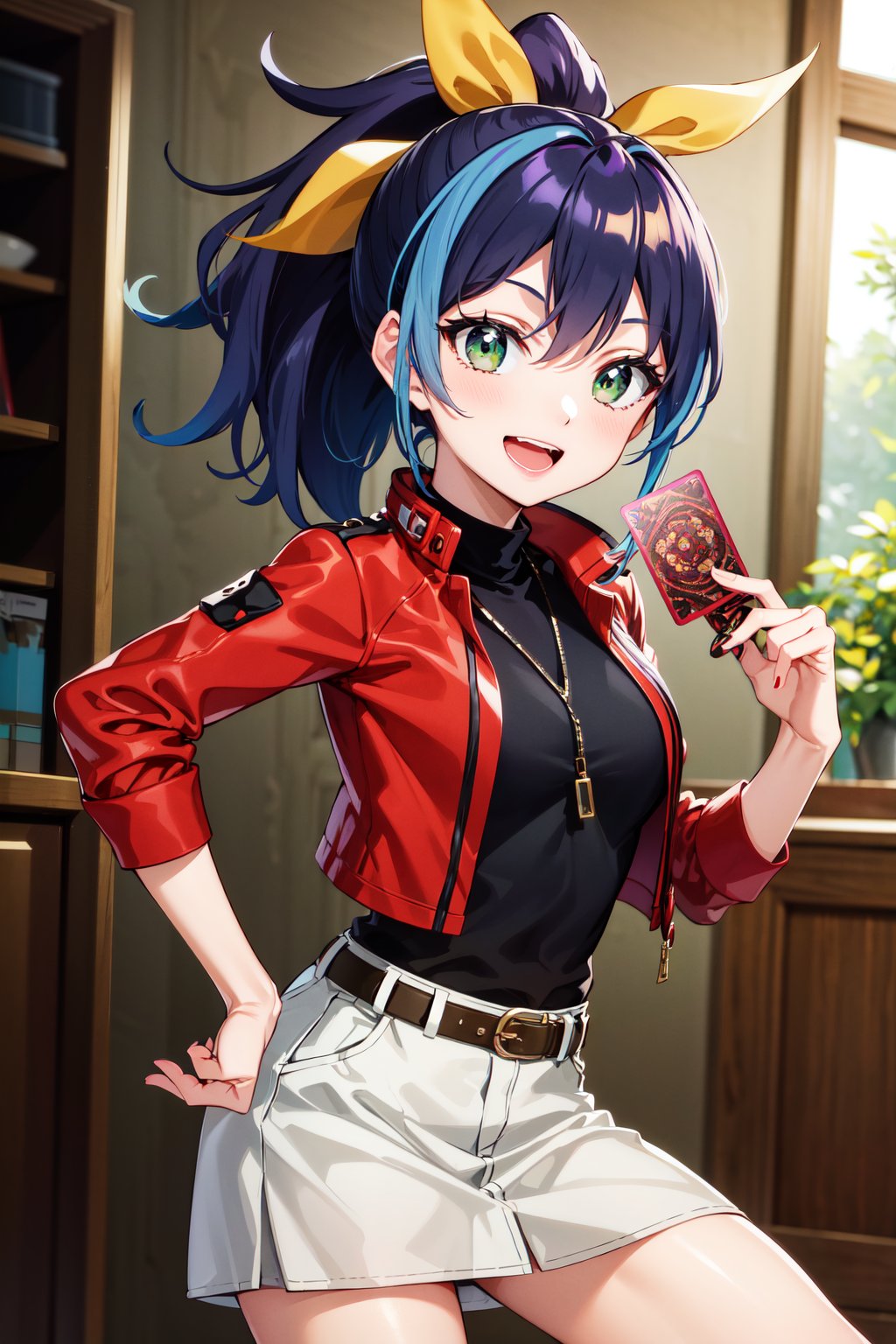 masterpiece, best quality, highres, aaserena, ponytail, multicolored hair, red jacket, black shirt, belt, white skirt, <lora:serena_(yu-gi-oh!)_v1:0.7>, holding card, smile, open mouth, 