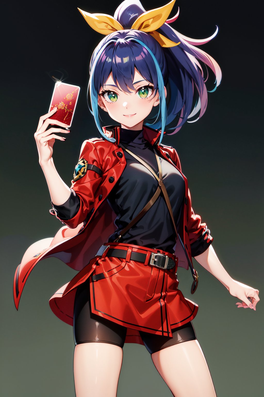 masterpiece, best quality, highres, aaserena, ponytail, multicolored hair, black shirt, jacket, belt, red skirt, shorts under skirt, <lora:serena_(yu-gi-oh!)_v1:0.7>, holding card, smile, magic