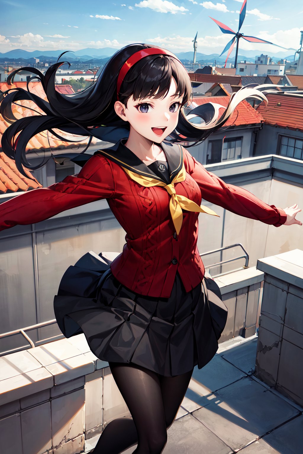 masterpiece, best quality, highres, aayukiko, long hair, hairband, school uniform, serafuku, red cardigan, long sleeves, black skirt, black pantyhose, <lora:amagi_yukiko_v1:0.7>, rooftop, smile, outstretched arms, smile, open mouth, (wind:1.1), city,