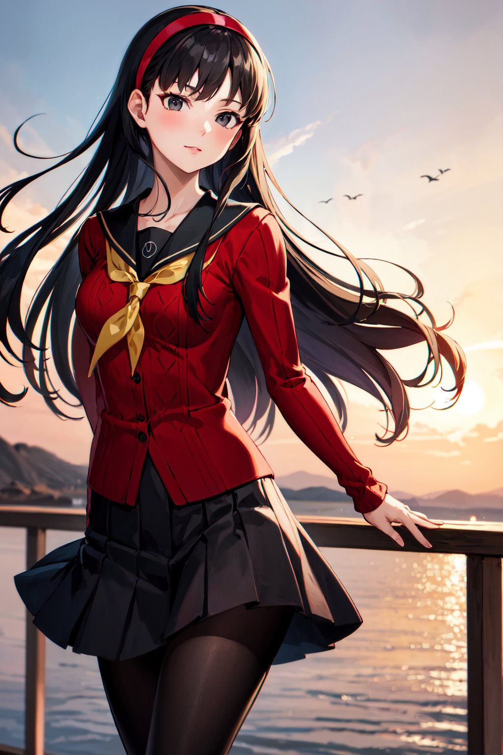 masterpiece, best quality, highres, aayukiko, long hair, hairband, school uniform, serafuku, red cardigan, long sleeves, black skirt, black pantyhose, <lora:amagi_yukiko_v1:0.7>, standing, cowboy shot, outdoors, 