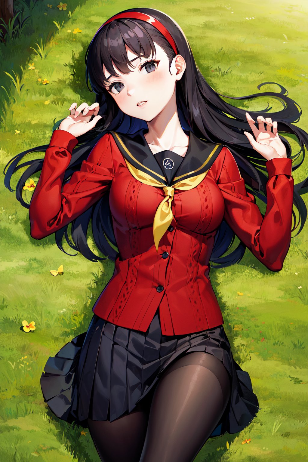 masterpiece, best quality, highres, aayukiko, long hair, hairband, school uniform, serafuku, red cardigan, long sleeves, black skirt, black pantyhose, <lora:amagi_yukiko_v1:0.7>, grass, lying,  from above, cowboy shot