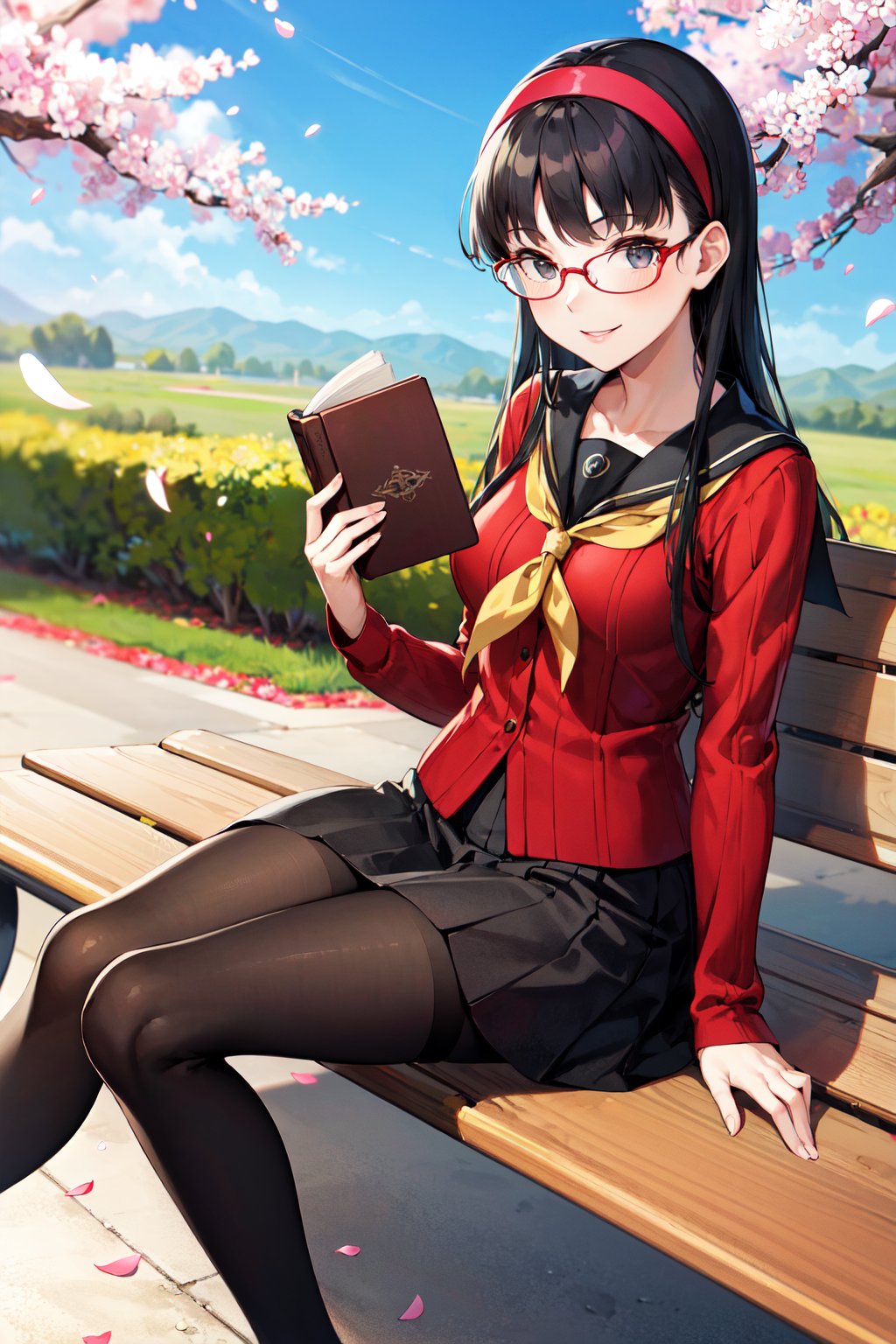 masterpiece, best quality, highres, aayukiko, long hair, hairband, school uniform, serafuku, red cardigan, long sleeves, black skirt, black pantyhose, <lora:amagi_yukiko_v1:0.7>, semi-rimless eyewear, sitting, outdoors, petals, bench, book, smile,