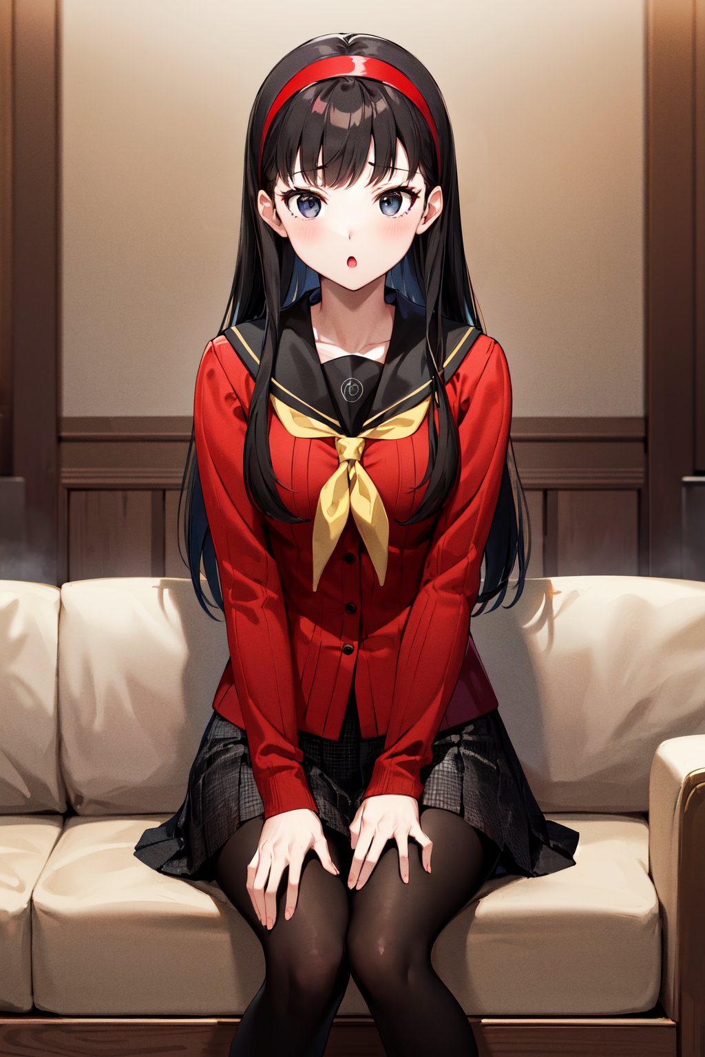 masterpiece, best quality, highres, aayukiko, long hair, hairband, school uniform, serafuku, red cardigan, long sleeves, black skirt, black pantyhose, <lora:amagi_yukiko_v1:0.7>, sitting, sofa, sitting, :o