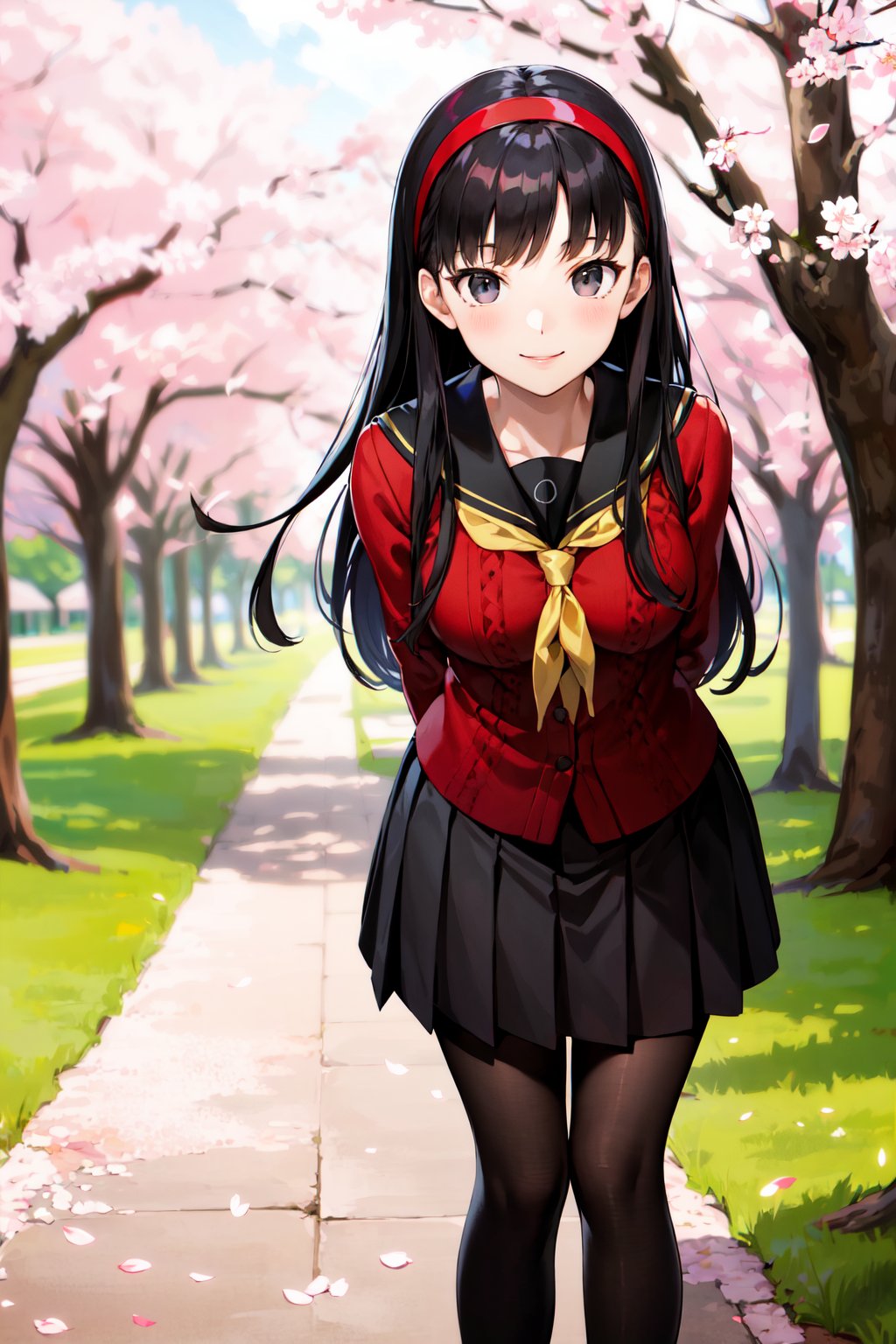 masterpiece, best quality, highres, aayukiko, long hair, hairband, school uniform, serafuku, red cardigan, long sleeves, black skirt, black pantyhose, <lora:amagi_yukiko_v1:0.7>, arms behind back, leaning forward, smile, outdoors, cherry blossoms, 