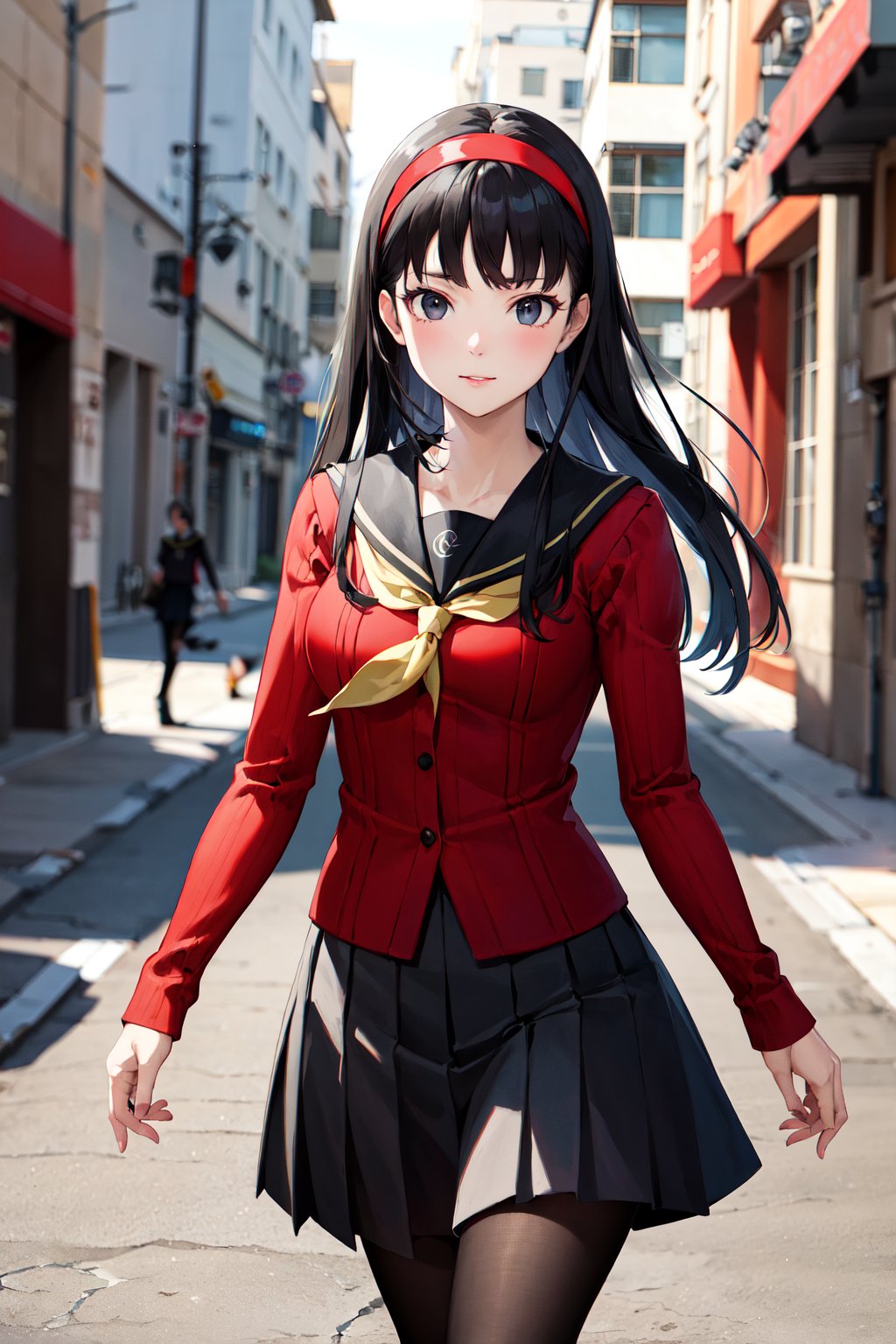 masterpiece, best quality, highres, aayukiko, long hair, hairband, school uniform, serafuku, red cardigan, long sleeves, black skirt, black pantyhose, <lora:amagi_yukiko_v1:0.7>, walking, cowboy shot, street, 