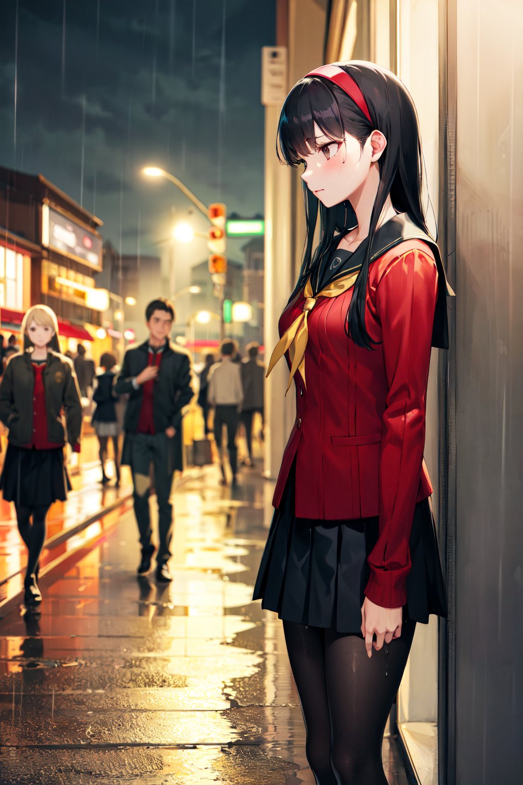 masterpiece, best quality, highres, aayukiko, long hair, hairband, school uniform, serafuku, red cardigan, long sleeves, black skirt, black pantyhose, <lora:amagi_yukiko_v1:0.7>, rain, city, night, wet, standing, sad, 