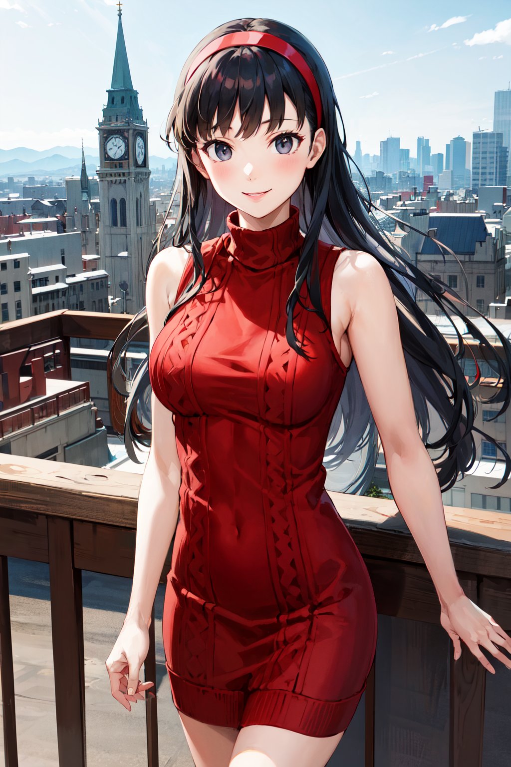 masterpiece, best quality, highres, aayukiko, long hair, hairband, <lora:amagi_yukiko_v1:0.7>, sweater dress, turtleneck, sleeveless, city, smile, cowboy shot